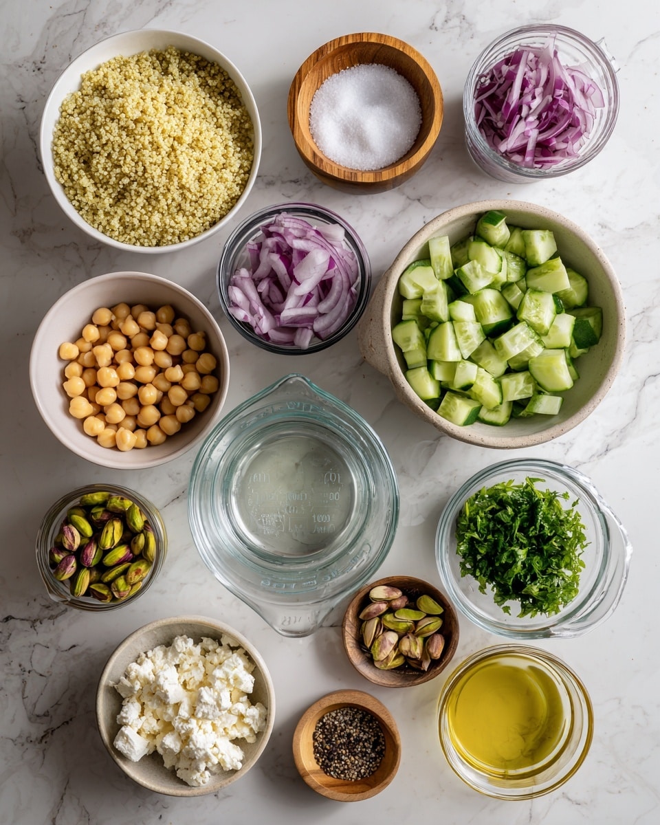 The image shows a flat lay of ingredients for a fresh salad, all placed on a white marbled surface. There are 11 bowls and containers arranged neatly: a white bowl filled with pale yellow quinoa in the top left, a small wooden bowl with white salt centered above, a small glass jar of chopped purple red onion in the top right, a white bowl filled with pale green chopped cucumber slightly below the jar, a white bowl full of round golden chickpeas to the left of the cucumber, and a clear glass measuring cup with water below salt and cucumber. Below water, there is a small glass bowl with chopped fresh green mint to the right and chopped fresh parsley in a clear glass bowl to the left. In the bottom center, a white bowl contains crumbly white feta cheese. To the bottom left, a small glass bowl holds greenish-brown pistachios, and a glass bowl of golden olive oil is above it. A small wooden bowl with cracked black pepper is near olive oil. The overall layout is clean and organized with soft natural lighting. photo taken with an iphone --ar 4:5 --v 7