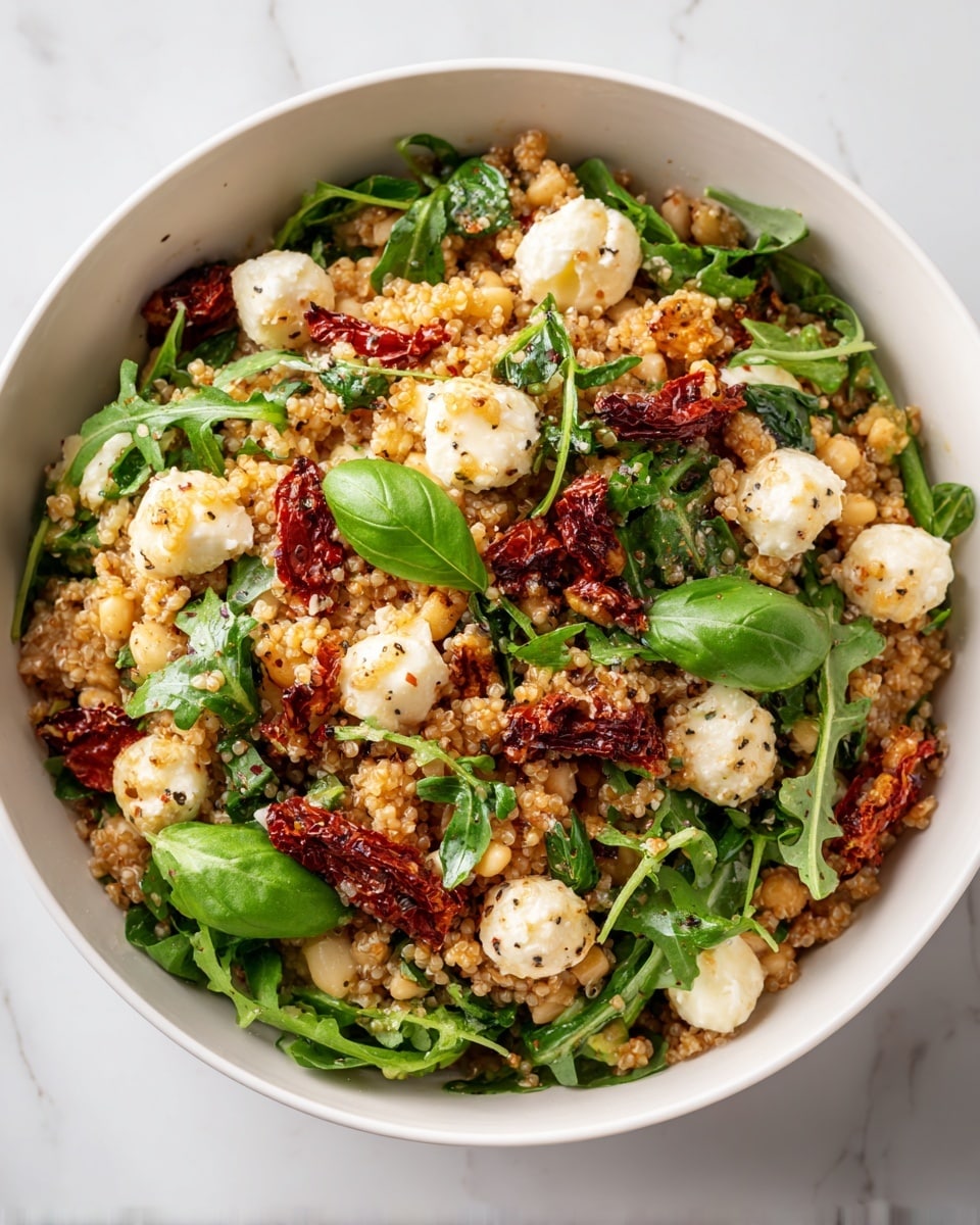 A white bowl filled with a fresh salad layered with a base of green arugula leaves, topped with light brown cooked grains mixed throughout, scattered white beans adding softness, small white cheese balls dotted around, and bright red sun-dried tomato pieces placed on top. The salad looks lightly seasoned with a sprinkle of black pepper. The bowl sits on a white marbled surface. photo taken with an iphone --ar 4:5 --v 7