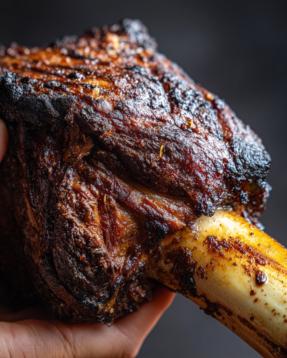A close-up view of a large roasted meat leg held by a woman's hand gripping the bone. The meat has a thick, dark brown, almost blackened crust that looks crispy and charred, with some textured grill marks across the surface. The bone protrudes from the meat and has a light yellowish color with some dark spots. The background is dark, making the meat stand out strongly. The photo taken with an iphone --ar 4:5 --v 7