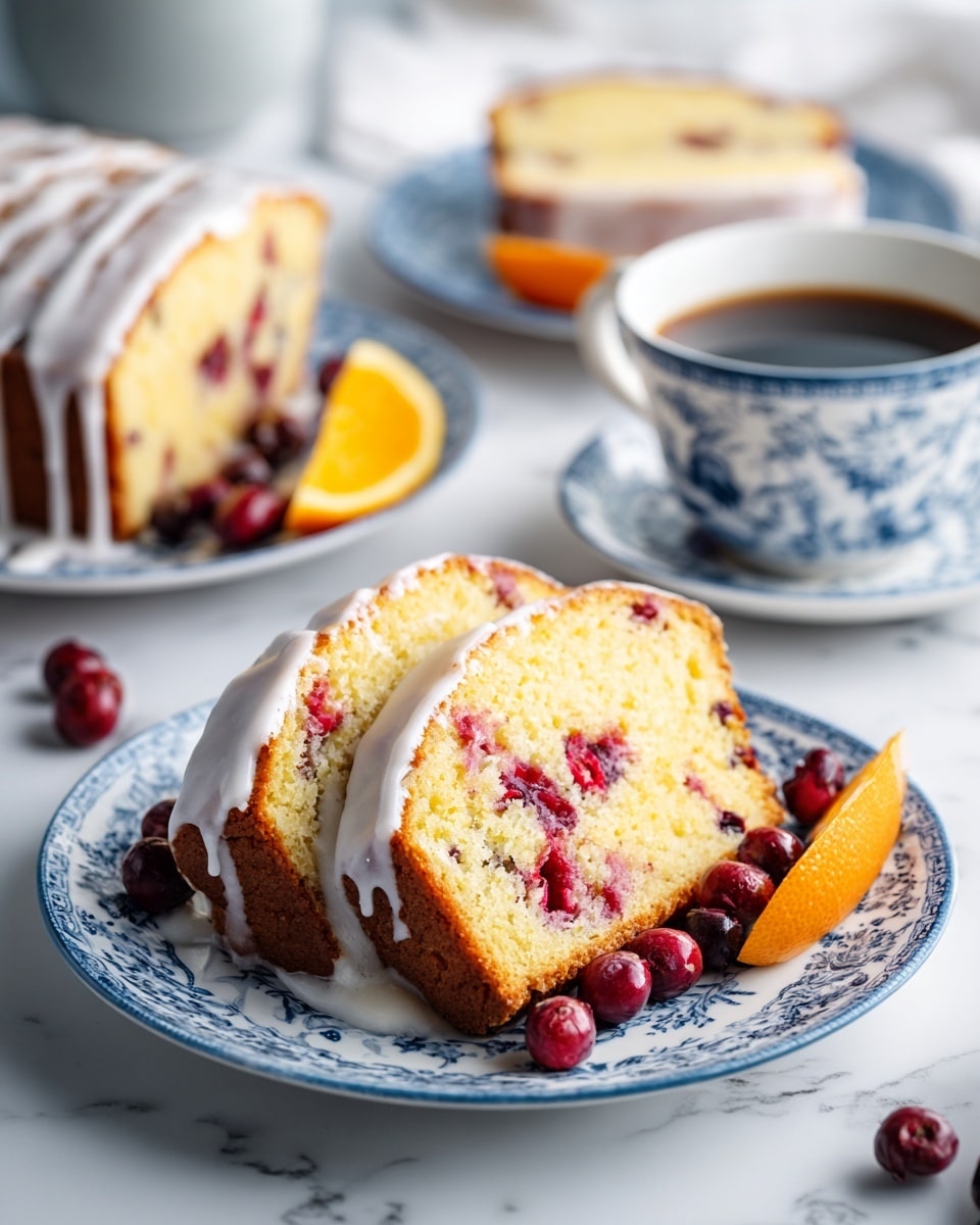 A golden-brown loaf cake with visible small red berries baked inside, resting on a white plate with a smooth curved edge. The top of the cake is covered with thick white icing drizzled across in uneven horizontal lines, dripping slightly down the sides. Around the plate, fresh red berries and bright orange citrus wedges sit on a white marbled surface. A soft pink cloth is partially visible in the background. Photo taken with an iphone --ar 4:5 --v 7