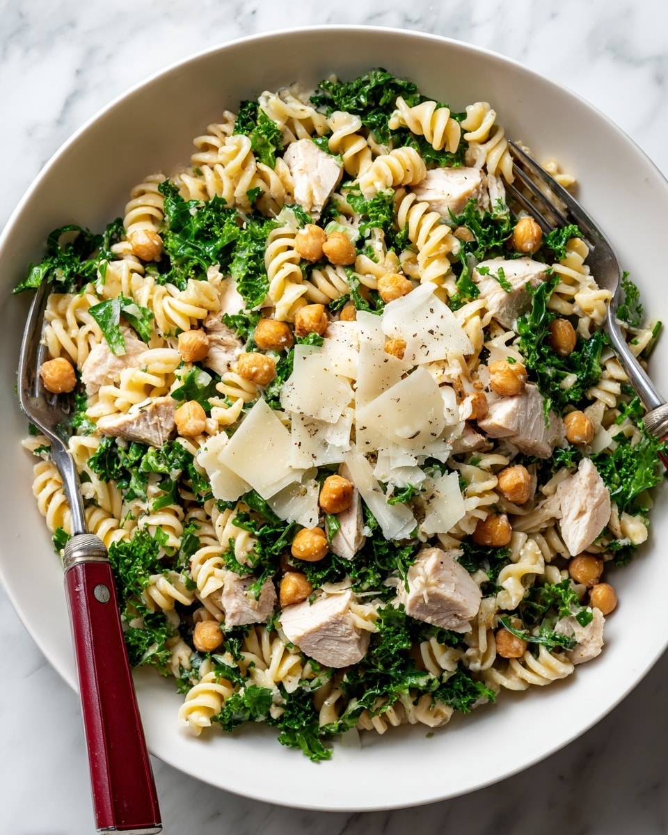 A clear glass divided container shows three sections of food on a white marbled surface. The top section is filled with a creamy salad made of curly pasta, chopped kale, golden brown chickpeas, and topped with thin, large white shavings of cheese, creating a mix of creamy white, bright green, and light brown colors. The bottom left section holds seven to eight thin, bright green cucumber slices arranged neatly in a slight overlapping curved line. The bottom right section is filled with dark purple-blue fresh blueberries piled closely together. The whole container is clean and simple, highlighting the fresh and colorful ingredients. photo taken with an iphone --ar 4:5 --v 7