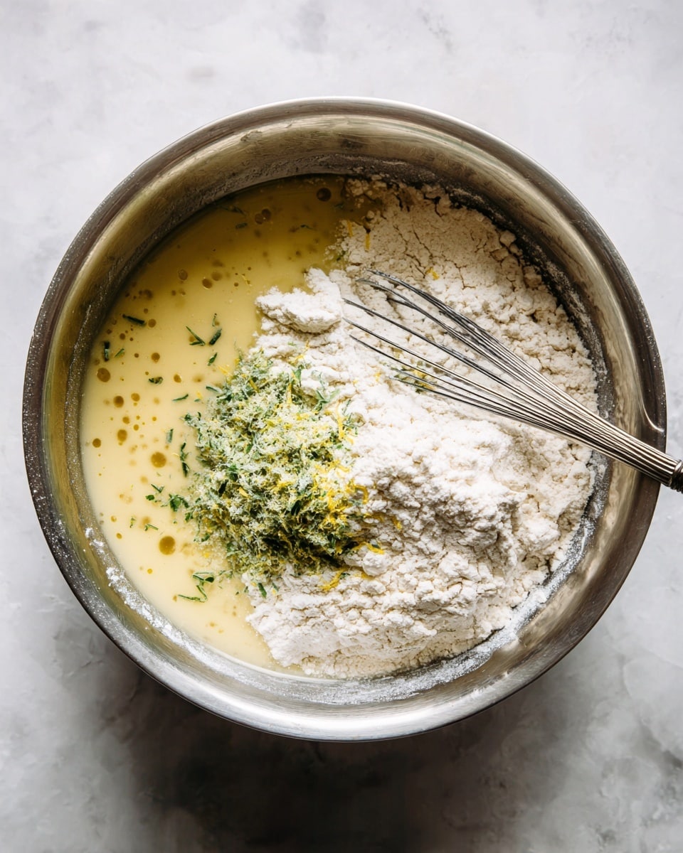 A metal bowl sits on a white marbled surface filled with layers of ingredients ready for mixing. The bottom layer shows a pale yellow liquid with small bubbles, likely wet ingredients. Above that is a pile of off-white flour that covers a third of the bowl. Near the flour, there is a small heap of light green zest fresh and finely grated. A silver whisk with a thin wire head lies in the bowl, slightly covered by the flour, positioned on the right side. The scene has muted tones with a clear focus on the textures of flour, zest, and wet mix. photo taken with an iphone --ar 4:5 --v 7