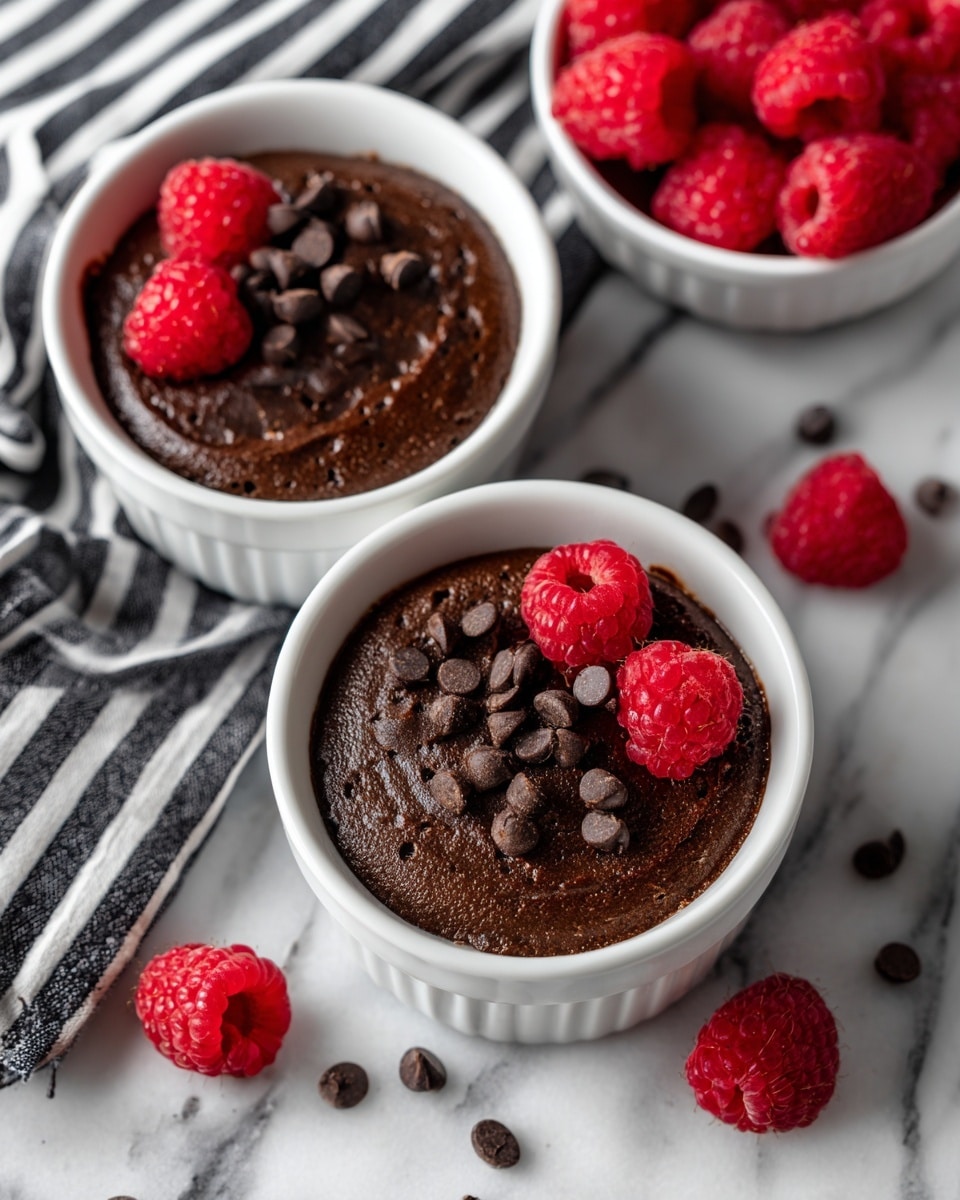 Two white bowls filled with dark brown chocolate dessert topped with small chocolate chips scattered on the surface. Each bowl shows a thick, slightly textured chocolate layer with a rich, fudgy look. The bowls sit on a white marbled surface, next to a black and white striped cloth. Bright red raspberries and scattered chocolate chips are placed around the bowls, adding color contrast. A white bowl filled with more fresh raspberries appears in the upper right corner. photo taken with an iphone --ar 4:5 --v 7