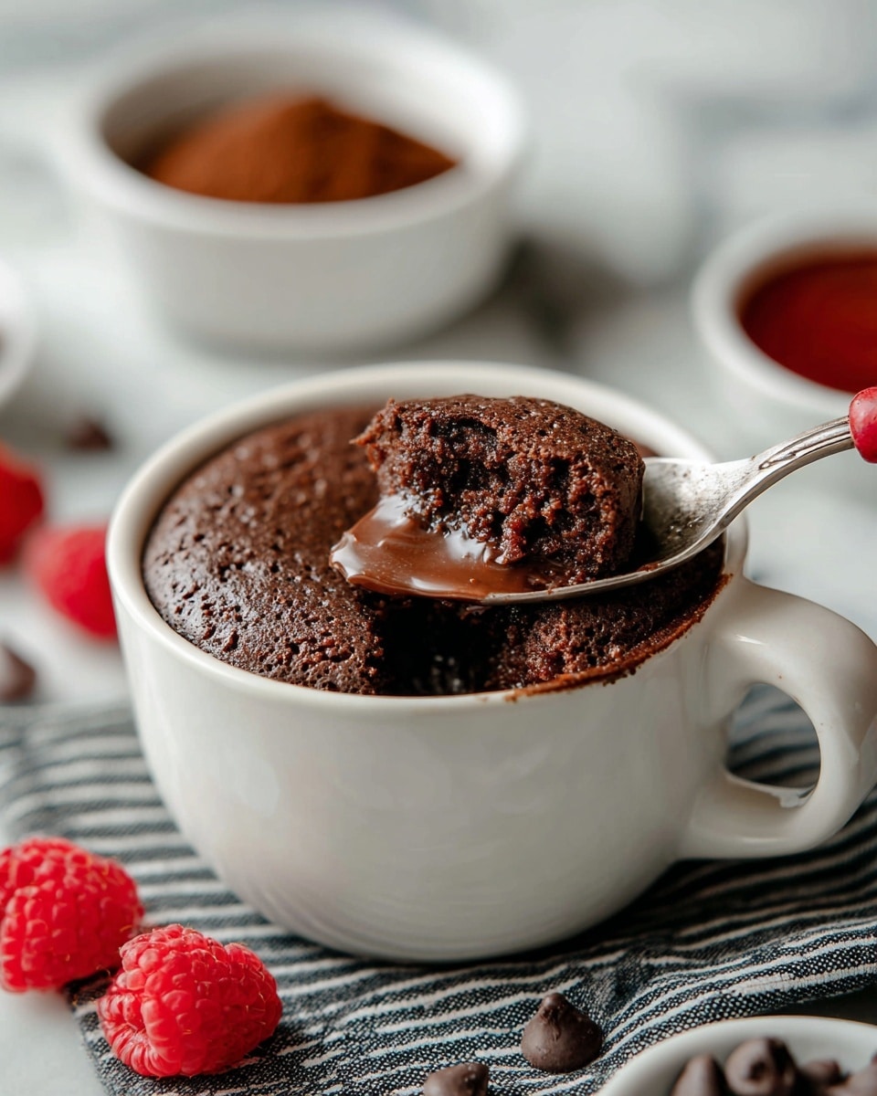 A close-up of a round chocolate dessert with a rough top layer and soft, moist inside held by a red-handled spoon near the center, above a white cup filled with more of the same dessert; in the blurred white marbled background are two white bowls, one with a dark brown powder and the other with red sauce, along with some bright red raspberries and small chocolate chips on a black and white striped cloth under the cup. photo taken with an iphone --ar 4:5 --v 7