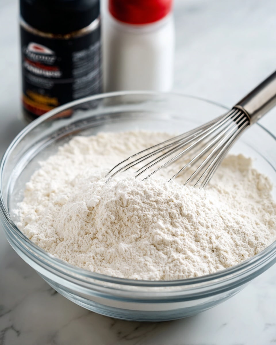 A clear glass bowl filled with a fine layer of white flour, showing a smooth and powdery texture. A silver metal whisk with thin wires rests inside the bowl, partially touching the flour, creating slight dimples and texture on the surface. In the background, two spice containers are blurred but visible; one has a black label and the other is white with red letters. The whole setup is placed on a white marbled surface. Photo taken with an iphone --ar 4:5 --v 7