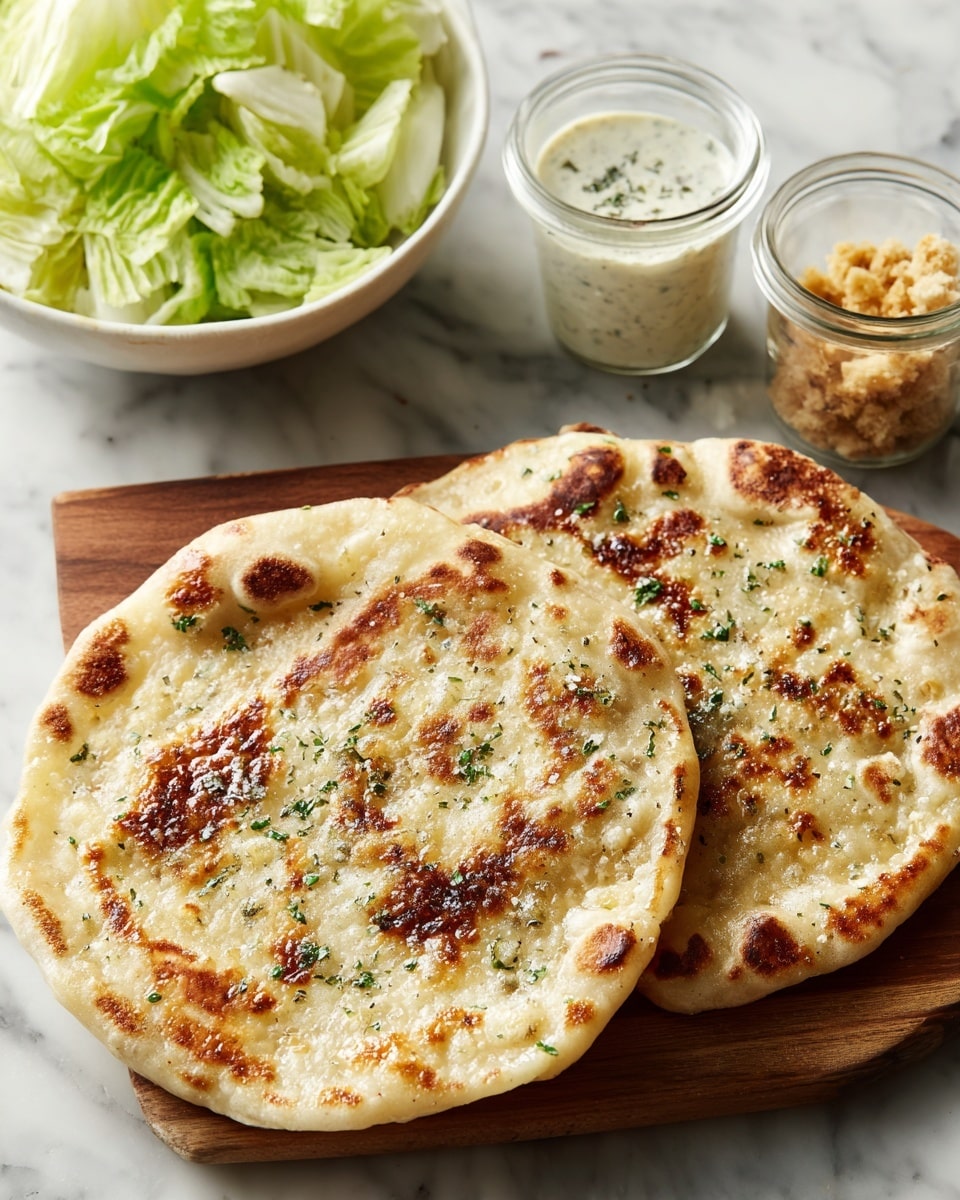 Two round, thin flatbreads with a browned, slightly rough textured topping that is golden and speckled with herbs sit side by side on a wooden board. Behind them, there is a white bowl filled with light green lettuce leaves, a small clear glass jar of creamy white sauce with specks of herbs, and another small clear glass jar filled with crumbled pieces of bread or crumbs. The scene is set on a white marbled surface. photo taken with an iphone --ar 4:5 --v 7