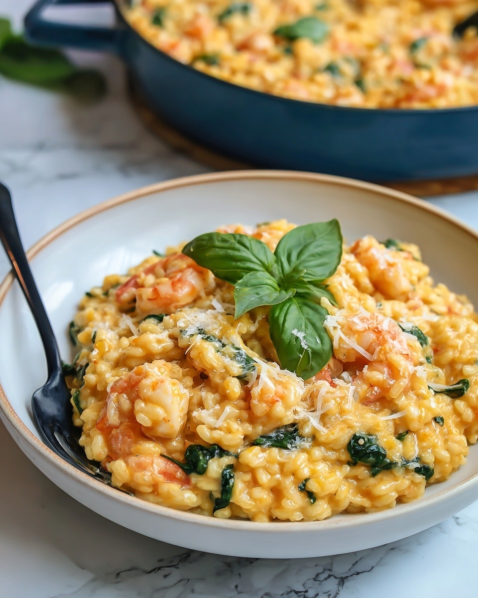 A close-up view of creamy orange risotto mixed with small pieces of shrimp and green spinach leaves in a white bowl, topped with two fresh basil leaves and small sprinkles of grated cheese; a dark fork is stuck into the risotto on the left side of the bowl. In the background, a blue pan filled with the same risotto is blurred on a white marbled surface. The risotto has a slightly thick texture with visible grains and herbs mixed in. photo taken with an iphone --ar 4:5 --v 7