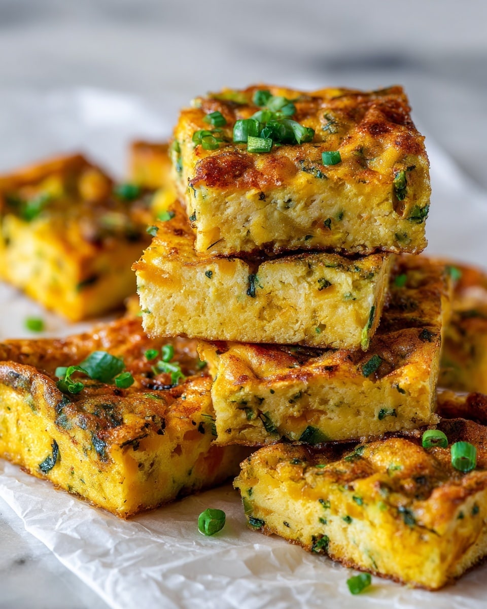 The image shows a baked casserole cut into 15 square pieces arranged in three rows of five on white parchment paper. The dish has a textured top layer that is golden yellow with browned spots and scattered green pieces of chopped herbs and scallions. The inside looks soft and moist with baked vegetables and small green bits evenly spread. The casserole has a lightly crispy surface and a tender inside, with fresh green scallions sprinkled on top for color. Everything is on a white marbled surface with a blue and white striped cloth visible in the upper left corner. Photo taken with an iphone --ar 4:5 --v 7