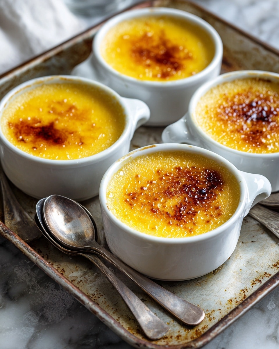 A white ceramic bowl filled with crème brûlée showing two distinct layers: the top layer is a caramelized golden-brown sugar crust with shiny, crackled texture, partially broken to reveal the smooth, creamy pale yellow custard underneath. In the background, there is a spoon holding a scoop of the creamy custard with a small piece of caramelized sugar on top. The bowl rests on a white marbled texture surface with a blurred silver spoon positioned nearby. Photo taken with an iphone --ar 4:5 --v 7