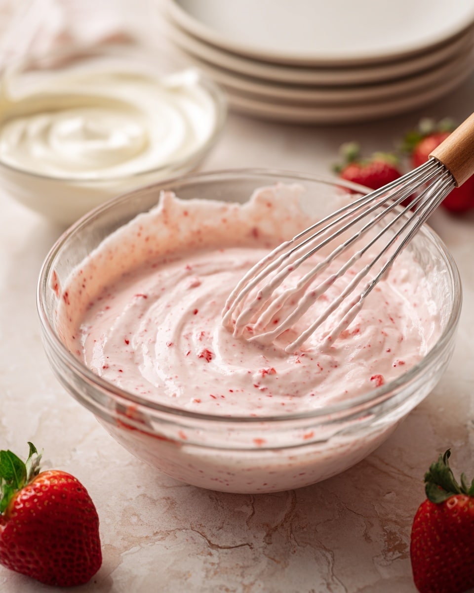 A clear glass bowl filled with thick, light pink strawberry mixture with small red strawberry bits, being stirred by a whisk with a wooden handle, the mix has a creamy, slightly chunky texture and is spread along the sides of the bowl; nearby is another clear glass bowl containing smooth white cream, all placed on a white marbled surface with a single whole strawberry with green leaves in the background and a stack of white plates stacked behind. photo taken with an iphone --ar 4:5 --v 7