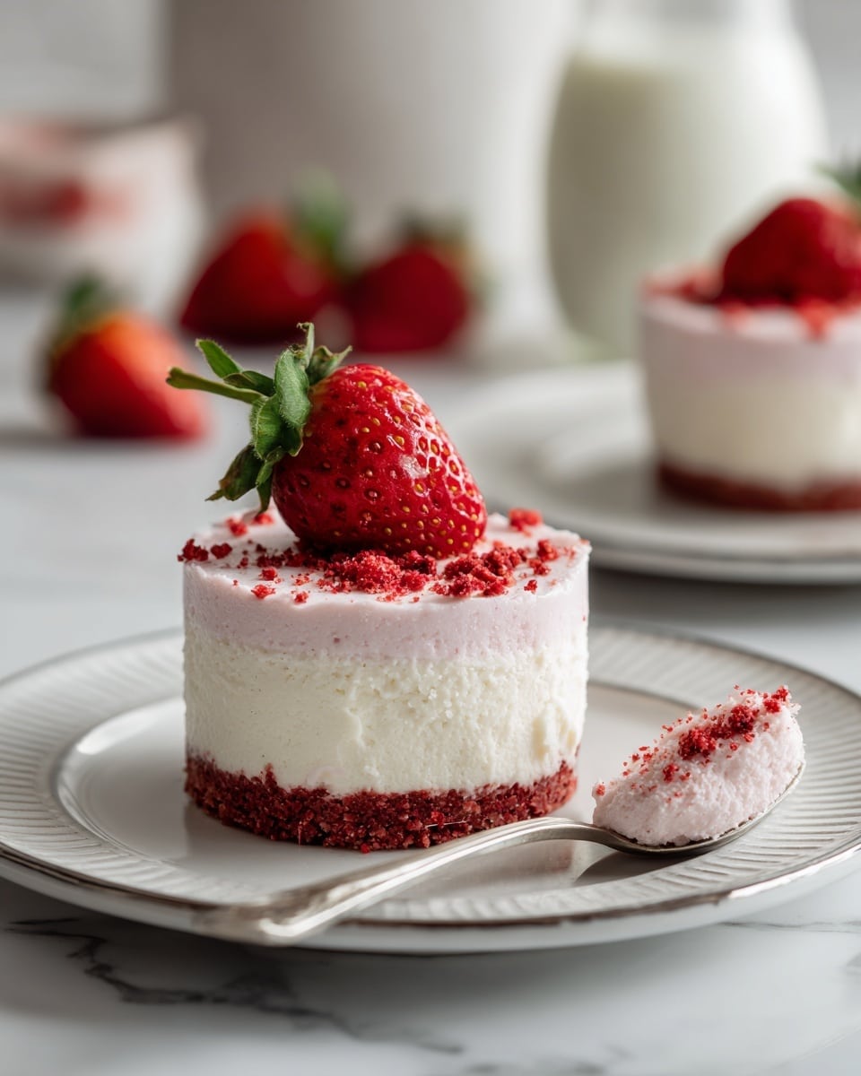 The image shows a small round cake on a white plate with delicate patterns. The cake has three distinct layers: the bottom layer is light brown and crumbly, wrapped with a parchment paper base; the middle layer is smooth pink cream; the top layer is a mix of red and beige crumb topping that looks crunchy. A half strawberry with a green tip sits on top of the cake as decoration. Around the plate, there are scattered strawberry crumbs. In the background, there are fresh whole strawberries, a small glass bowl with crumbs, a stack of white plates, and a blurred glass bottle with milk. The surface beneath everything is a white marbled texture. Photo taken with an iphone --ar 4:5 --v 7