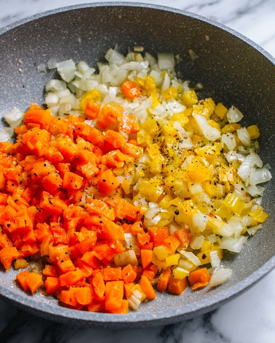 The image shows a close-up of diced vegetables being cooked in a pan. There are three clear layers of chopped ingredients: the bottom layer has small orange cubes, likely carrots, the middle layer has yellowish pieces, possibly yellow peppers or cooked onions, and the top layer has white pieces that look like onions. The vegetables have a shiny, slightly oily texture with some pepper or seasoning specks scattered throughout. The pan is grey with a rough texture inside, and the photo is taken on a white marbled surface. photo taken with an iphone --ar 4:5 --v 7