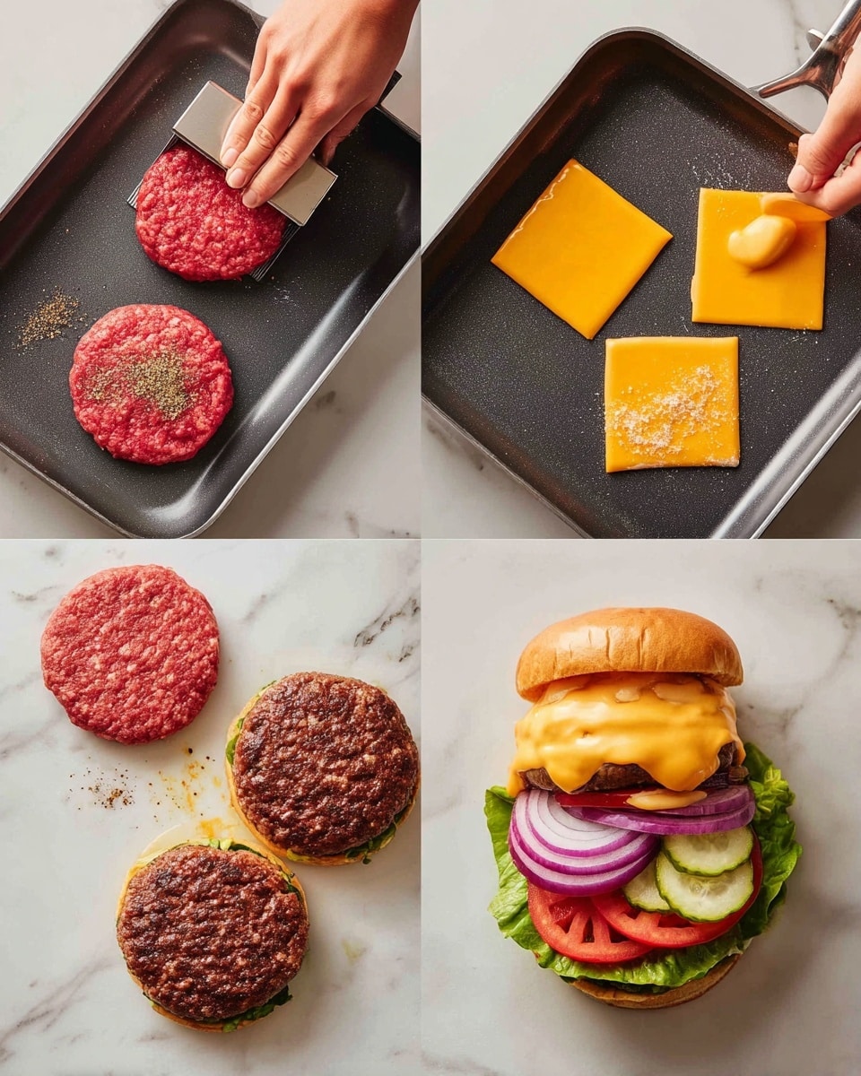 The images show the making of a cheeseburger on a white marbled surface. First, a woman's hands press a red beef ball flat with a metal press on a black pan. Next, a woman's hand sprinkles pepper and salt on two flattened raw beef patties in the pan. Then, two square slices of melted orange cheddar cheese cover the browned patties cooking in the pan. Finally, a cheeseburger is assembled on the white marbled surface with layers from bottom to top: green lettuce, red tomato slices, the cheesy beef patty, purple onion rings, three green pickle slices, and the top bun is off to the side with a swirl of light orange sauce being squeezed on it. Photo taken with an iphone --ar 4:5 --v 7