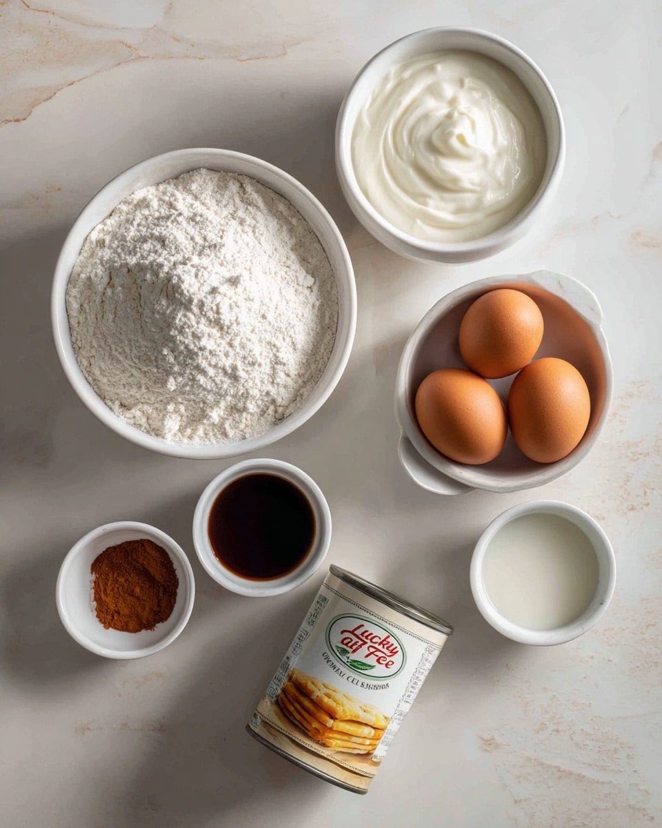 A white marbled surface holds a white bowl filled with white flour on the bottom left. To the upper right of it is a white bowl with thick white yogurt. Next to it, on the upper right, is a white bowl with three brown eggs. Below the yogurt and eggs, slightly to the right, is a can of Lucky Leaf apple fruit filling or topping with an image of apple pie and ice cream on its label, mostly upright but tilted slightly to the right. Around these are small white dishes, one holding brown cinnamon powder on the left and another holding dark vanilla extract on the right. Another white bowl with a small amount of white liquid is placed lower right of the apple can. The lighting is bright and soft, and all items are arranged neatly. Photo taken with an iphone --ar 4:5 --v 7