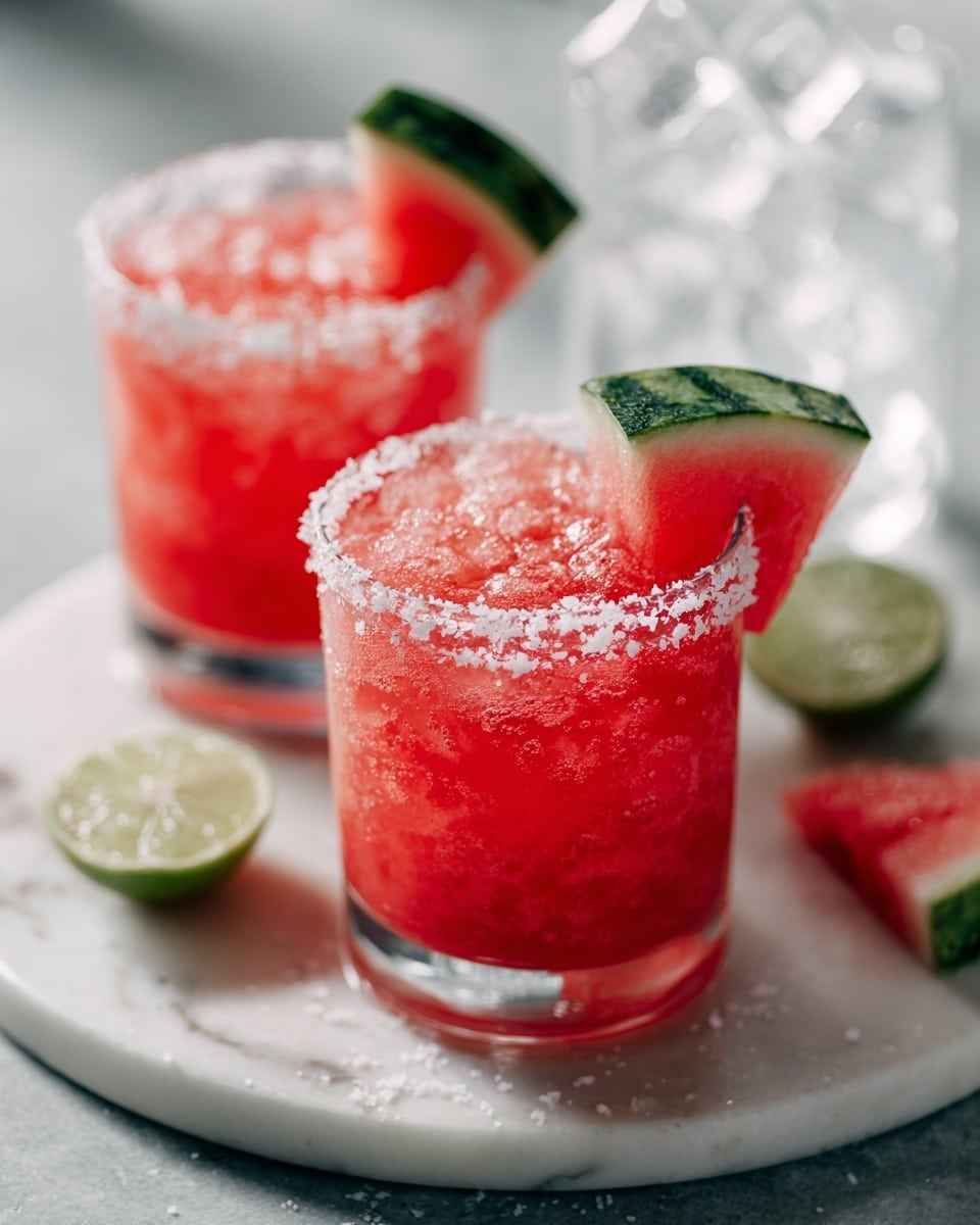 Two glasses filled with thick watermelon slush in a light pink-red color, each topped with a small triangular slice of watermelon on the rim. The rims of the clear glasses are coated with coarse salt or sugar crystals. The drinks sit on a white marbled surface with a white marbled round tray underneath, which holds a slice of lime. The texture of the slush looks smooth but cold and icy, and the background is a white marbled texture. Photo taken with an iphone --ar 4:5 --v 7