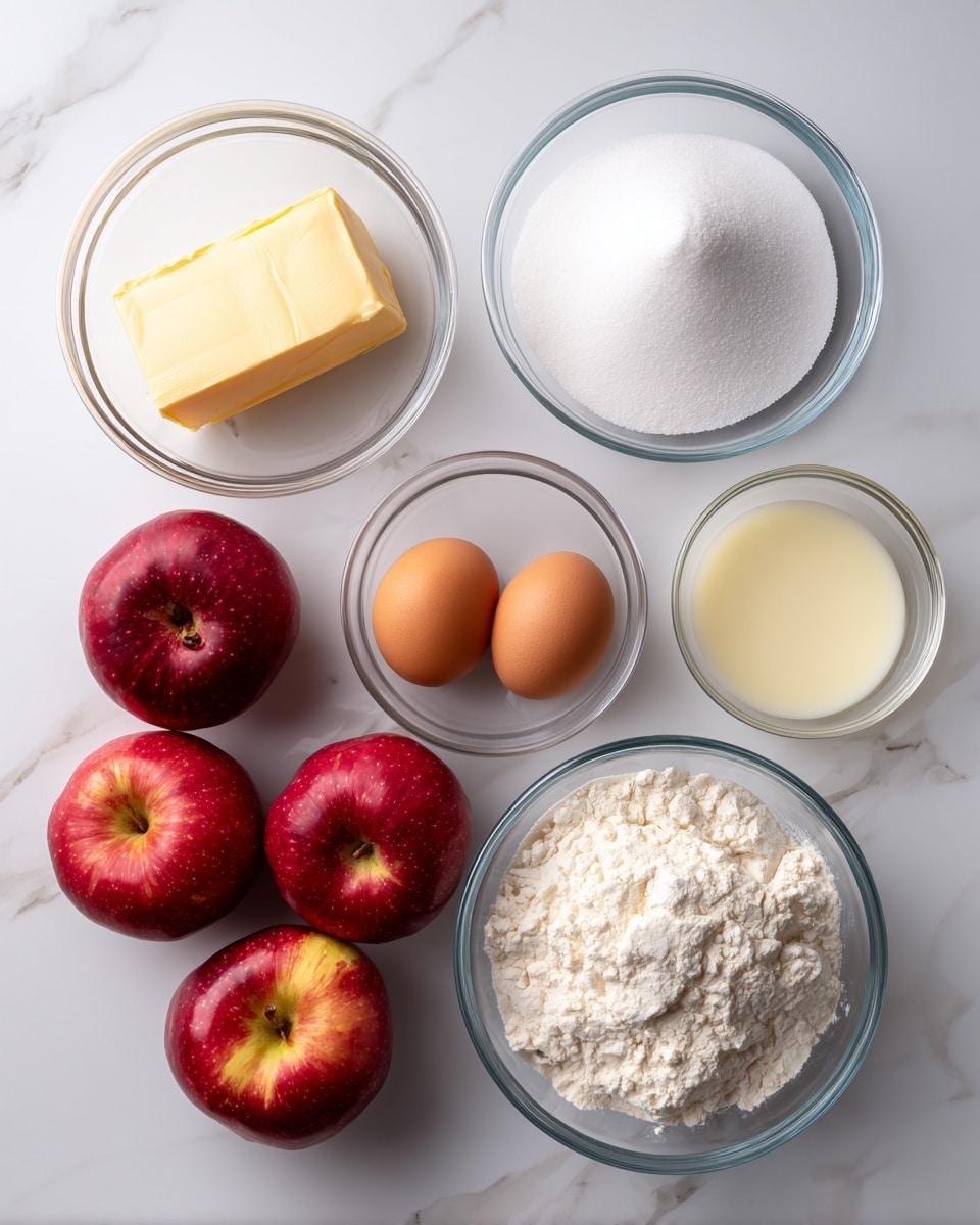 The image shows six clear glass bowls and three red apples arranged on a white marbled surface. Starting from the top left, there is a small bowl with a yellow block of butter, labeled butter, and just to the right, a very small empty bowl labeled baking powder. Below the butter, a bowl containing two orange-brown eggs is labeled sugar. To the right of the eggs is a larger bowl filled with white sugar. In the center of the image are three red apples with slight yellow and green areas. To the right of the apples, a medium bowl contains white flour labeled flour, and next to it on the far right is another small bowl with light yellow liquid labeled vanilla. The arrangement is neat and the colors are bright, all displayed on a bright white marbled surface, photo taken with an iphone --ar 4:5 --v 7