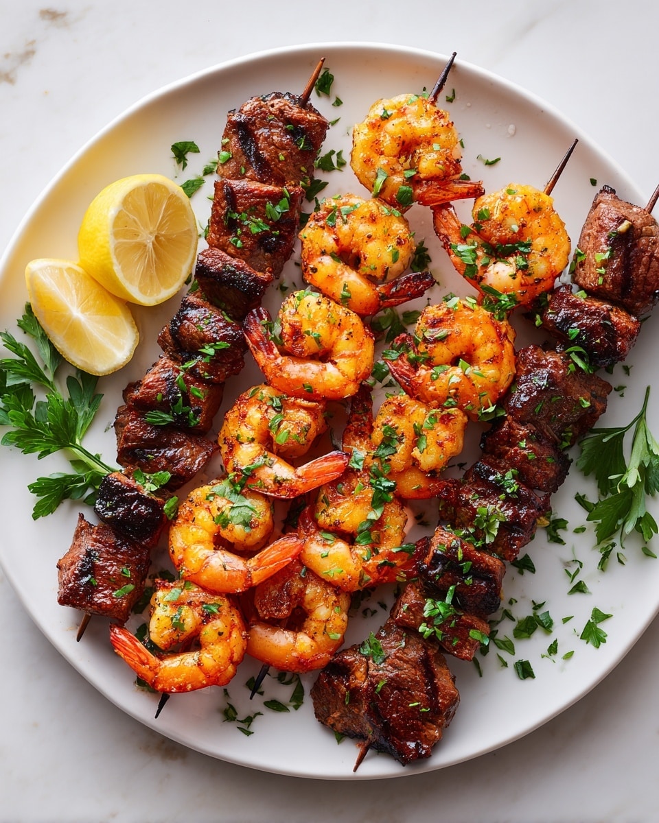 There are five metal skewers with looped ends, each holding three layers of food. The bottom layer is brown grilled beef cubes with a slightly charred texture. The middle layer consists of plump orange and white grilled shrimp, showing some grill marks and slight redness. The top layer is again brown grilled beef cubes similar to the first layer. The skewers are placed close together on a black grill surface with some oil and meat juices visible around them. The focus is sharp on the skewers while the background is blurred. photo taken with an iphone --ar 4:5 --v 7