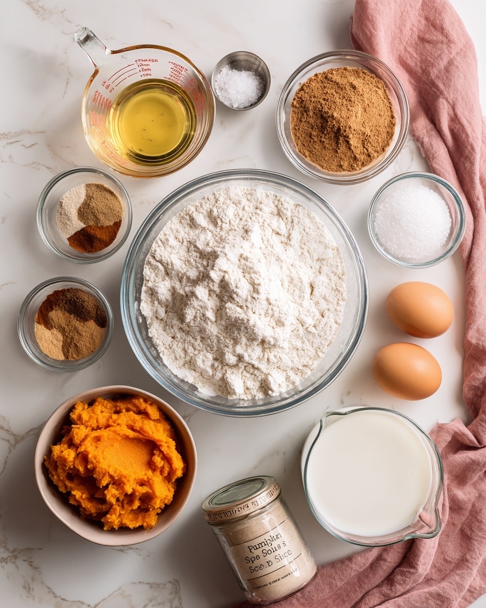 The image shows various baking ingredients arranged neatly on a white marbled surface. In the center is a large clear glass bowl filled with white flour mixed with baking soda. To the top left, a clear measuring cup holds light yellow oil. Next to it on the right is another clear bowl filled with a mix of brown and white sugars. Below the sugars is a small silver cup containing a pinch of white salt. Near the flour bowl on the left are two small clear bowls with brown cinnamon powder and light brown ginger powder. Toward the bottom left corner is a light-colored bowl filled with bright orange pumpkin puree. Below the flour bowl on the right side is a clear measuring cup with white milk. Two brown eggs sit near the salt cup, and a glass jar labeled