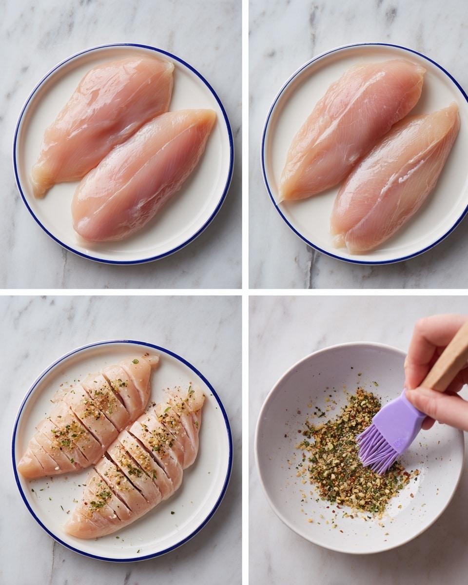 The image shows four stages of preparing two raw chicken fillets on a white plate with blue rings, placed on a white marbled surface. In the first stage, the two whole raw chicken fillets are side by side, smooth and pale pink in color. In the second stage, each fillet has deep, even vertical cuts along the top surface, revealing smooth inner flesh. In the third stage, a woman's hand holds a white bowl with a mix of black pepper, green herbs, and light yellow seasoning above the sliced fillets. In the final stage, the fillets are seasoned evenly with spices, and a purple brush is gently spreading the seasoning on one of them. Photo taken with an iphone --ar 4:5 --v 7