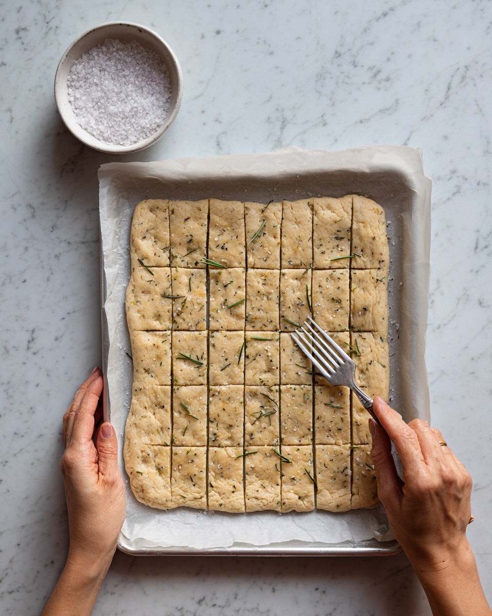 A woman's hands are pressing and flattening a piece of dough with visible seeds and grains, making it thin and square-shaped. Another similar square piece of dough lies on the white marbled surface nearby. A metal dough scraper and a clear glass bowl are placed to the side, and a brown paper bag with visible text is partly shown on the left. The scene is bright and clean with a white marbled background. photo taken with an iphone --ar 4:5 --v 7