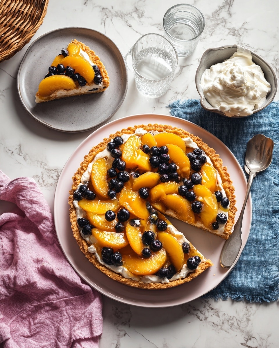 A round fruit tart with a golden brown crust sits on a white plate with a pink rim, topped with thick layers of shiny, glazed caramel-colored pear slices arranged in overlapping rows, scattered dark blue blueberries, and glossy fruit glaze. One slice is taken out and lies on a light gray plate with a dollop of white cream on top. A knife with a yellow handle rests on the white plate near the tart, and a small white bowl filled with cream and a spoon is on the side. The setting is on a white marbled surface with a light blue cloth and a soft pink napkin nearby. Photo taken with an iphone --ar 4:5 --v 7