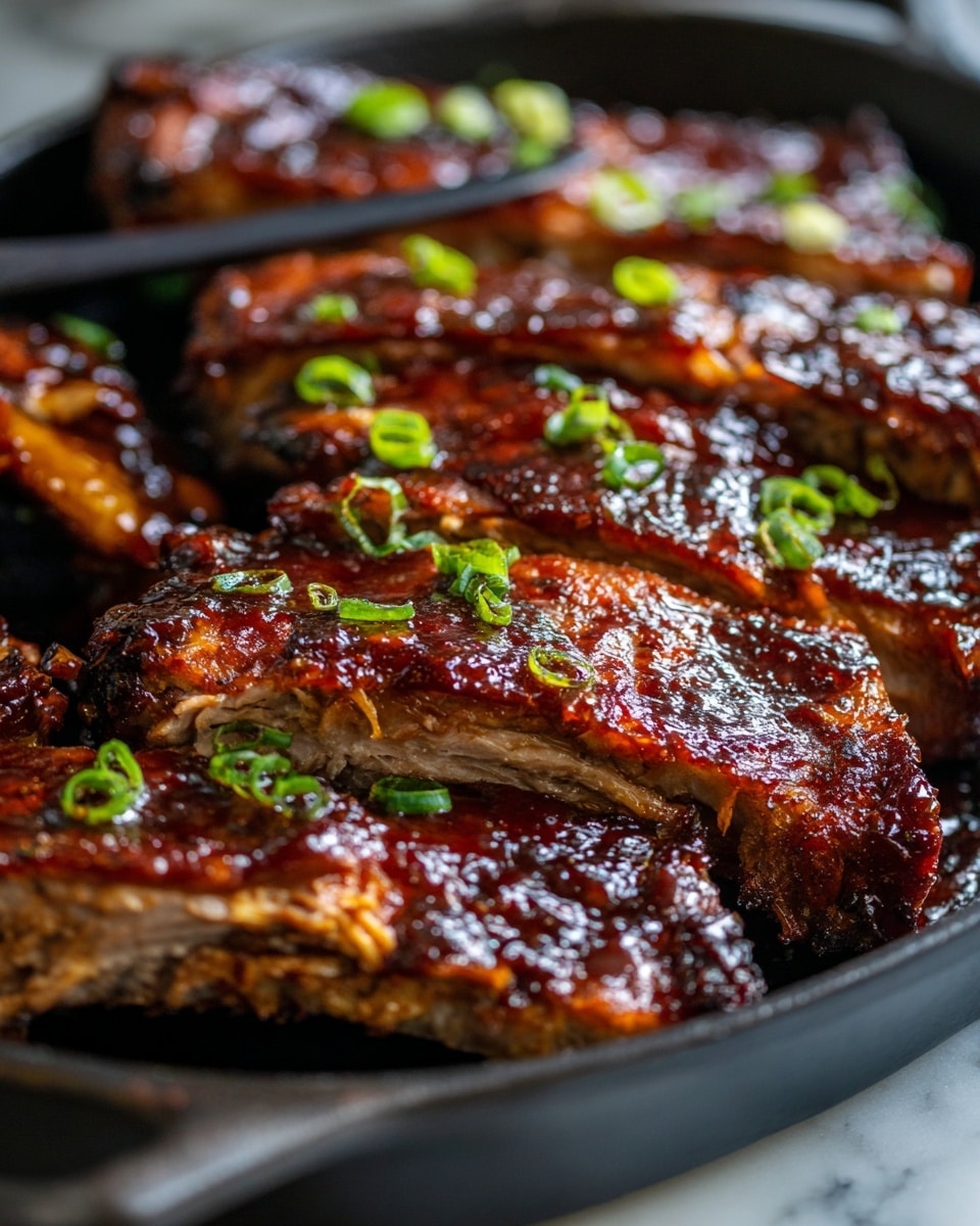 A close-up shows several pieces of ribs stacked in a black pan, each piece covered with thick, shiny brown sauce that reflects light. The ribs have visible white bones sticking out, and the tender meat looks rich and saucy. Small green onion pieces are scattered on top, adding a fresh green contrast. A black utensil is partially visible on the left side, mixing the ribs. The overall color palette is warm and rich, with the dark pan contrasting the saucy ribs. The surface under the pan is a white marbled texture photo taken with an iphone --ar 4:5 --v 7