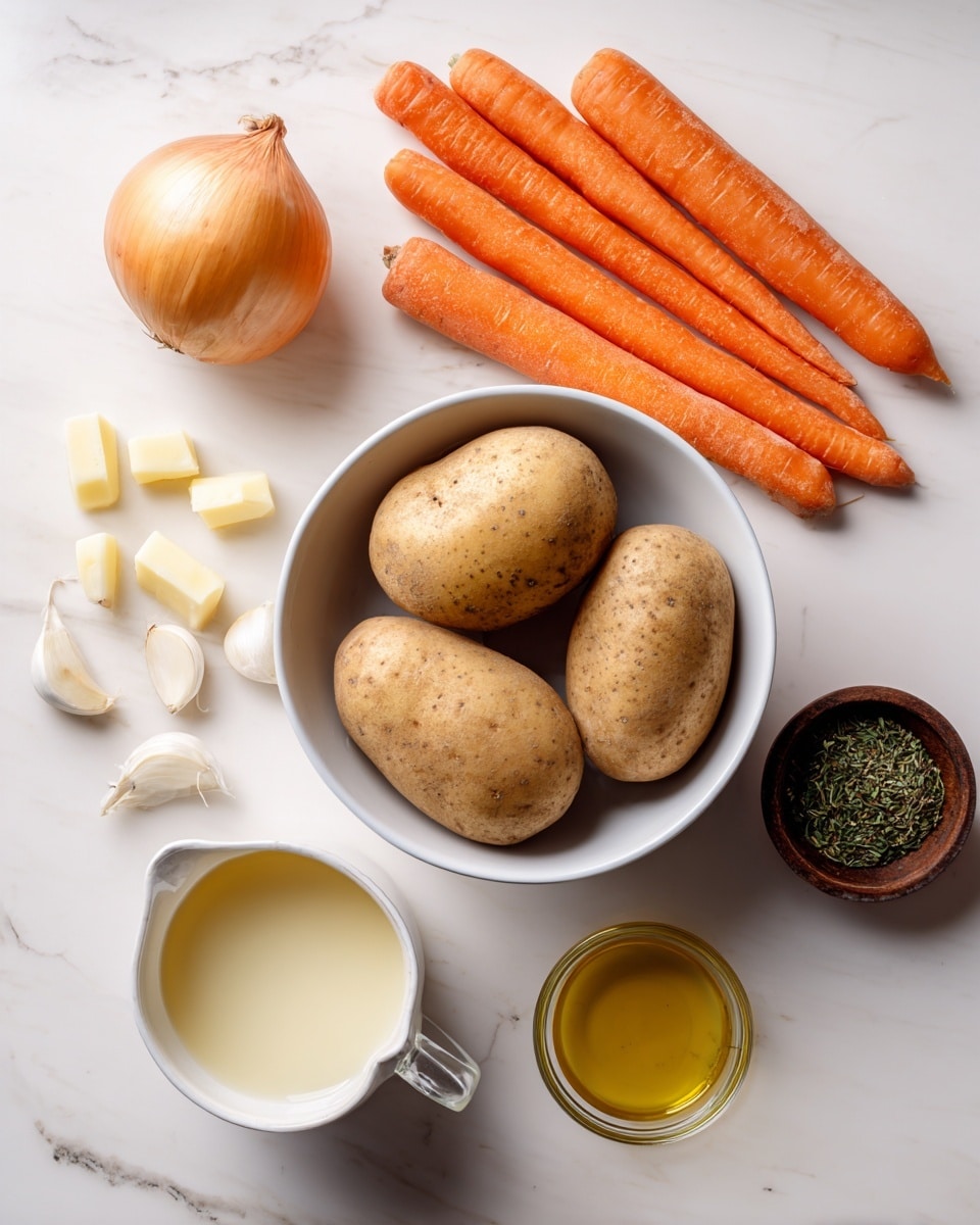 The image shows a white bowl filled with four large brown potatoes in the center on a white marbled surface. Above the bowl, there are three bright orange carrots aligned side by side. To the left of the carrots, there is a whole yellow onion and below it, four peeled garlic cloves scattered next to a small white bowl with a creamy white liquid inside. To the right of the carrots, a small white bowl holds a golden yellow oil. At the bottom of the image, a clear glass measuring cup contains a light yellow broth. Above the garlic cloves, a small dark brown wooden bowl holds a green dried herb. The whole scene is bright and clean. Photo taken with an iphone --ar 4:5 --v 7