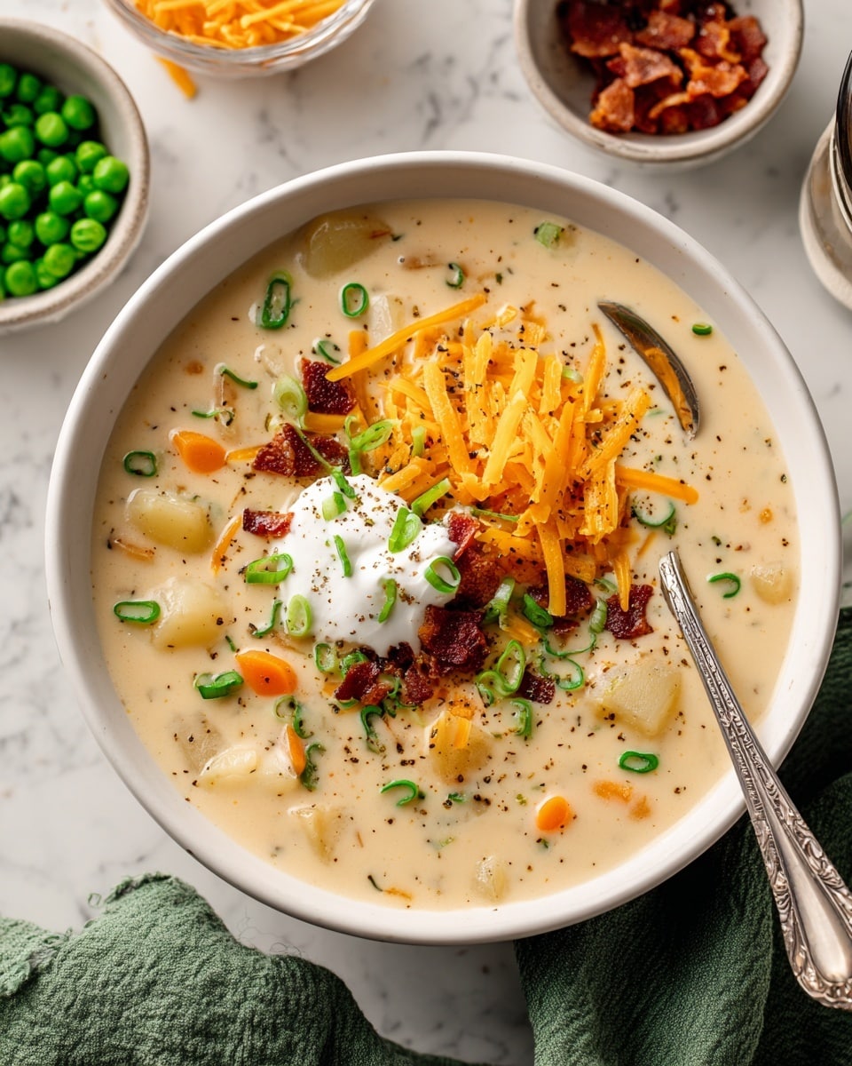 A close-up view of a thick, creamy soup in a white pot with a black ladle lifting some of the soup. The soup has a pale beige base with visible small chunks of orange carrots and green peas, as well as soft, light yellow potato pieces. The texture looks smooth and rich, with small herbs sprinkled throughout. The inside edges of the pot show some soup residue, adding a warm, cooked-at-home feel. The background surface is a white marbled texture. photo taken with an iphone --ar 4:5 --v 7