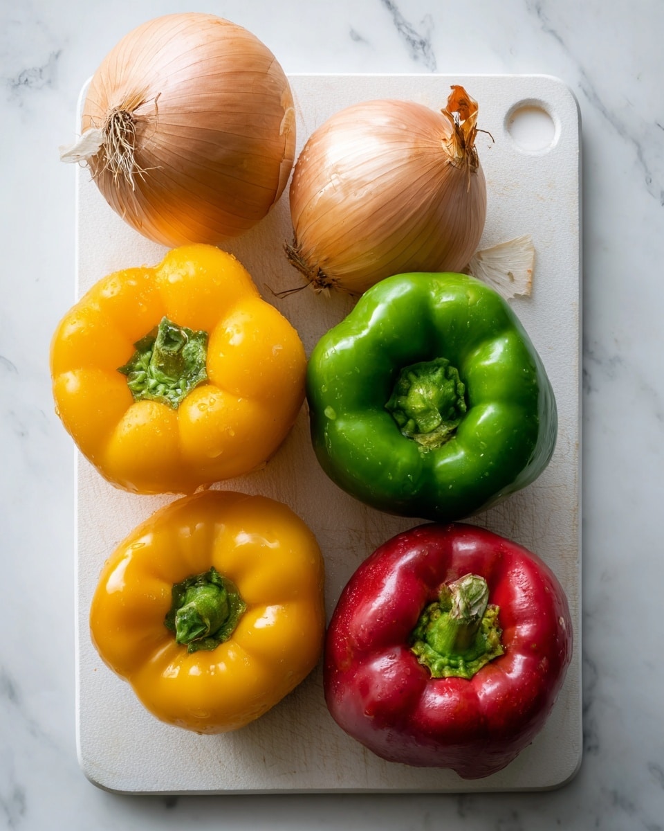 The image shows a white cutting board placed on a white marbled surface with two whole onions on the top part of the board and three whole bell peppers underneath them. The onions have light brown skin with some peeling, and the bell peppers are arranged side by side with a yellow pepper on the left, a green pepper in the middle, and a red pepper on the right. The colors are vibrant, and the vegetables look fresh and smooth. Photo taken with an iphone --ar 4:5 --v 7