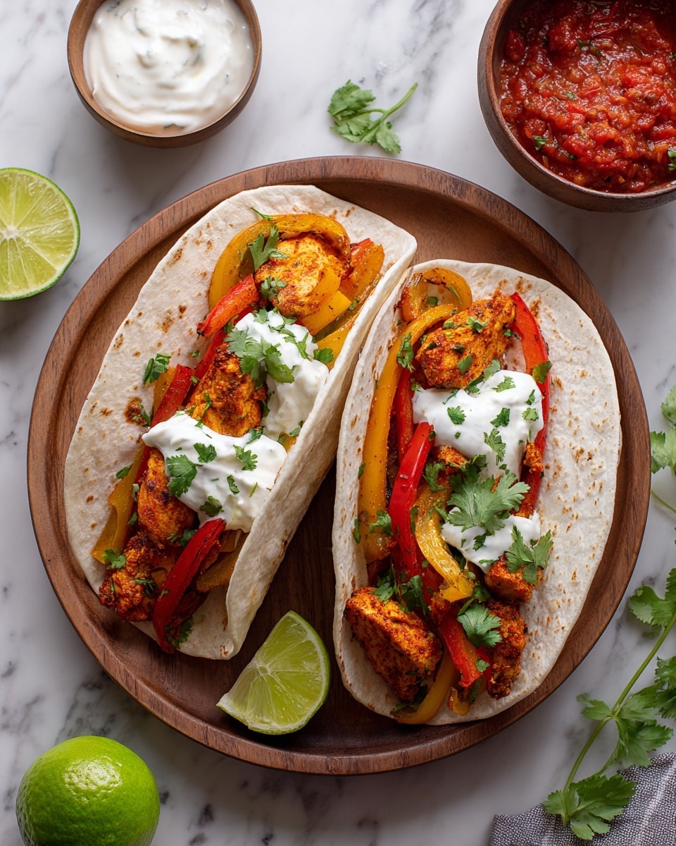 Two soft white flour tortillas lie on a round wooden plate, each filled with three main layers: the first layer is cooked red and yellow bell pepper strips with a slight char and some green herbs, the second layer holds seasoned cooked chicken pieces with a reddish spice coating, and the third layer has dollops of white sour cream topped with fresh green cilantro leaves. A lime wedge sits on the edge of the plate, and the plate is set on a white marbled surface with a halved lime, a bowl of white sour cream, a bowl of chunky red salsa, and fresh cilantro sprigs nearby. Photo taken with an iphone --ar 4:5 --v 7