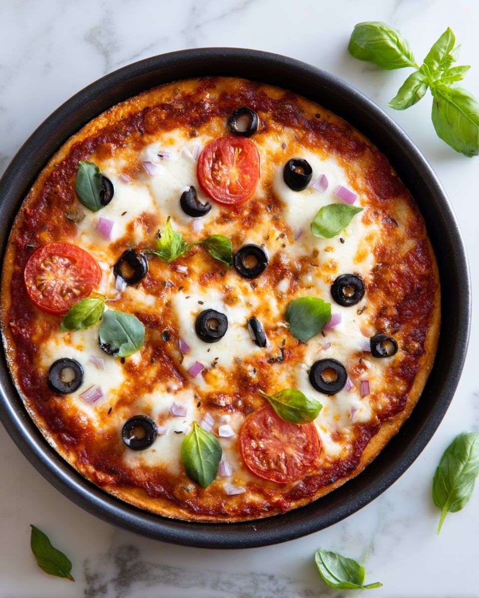 A round pizza in a black pan shows three main layers: the bottom layer is a thin, crispy crust with slightly browned edges; above it is a thick layer of red tomato sauce visible near the edges; the top layer is melted white cheese with a smooth texture, scattered with black olive rings, small pieces of red onion, and fresh green basil leaves arranged evenly across the pizza. Slices of fresh red tomato are placed on the cheese, adding a bright contrast with their juicy texture. The pan sits on a white marbled surface with a few green basil leaves nearby. Photo taken with an iphone --ar 4:5 --v 7