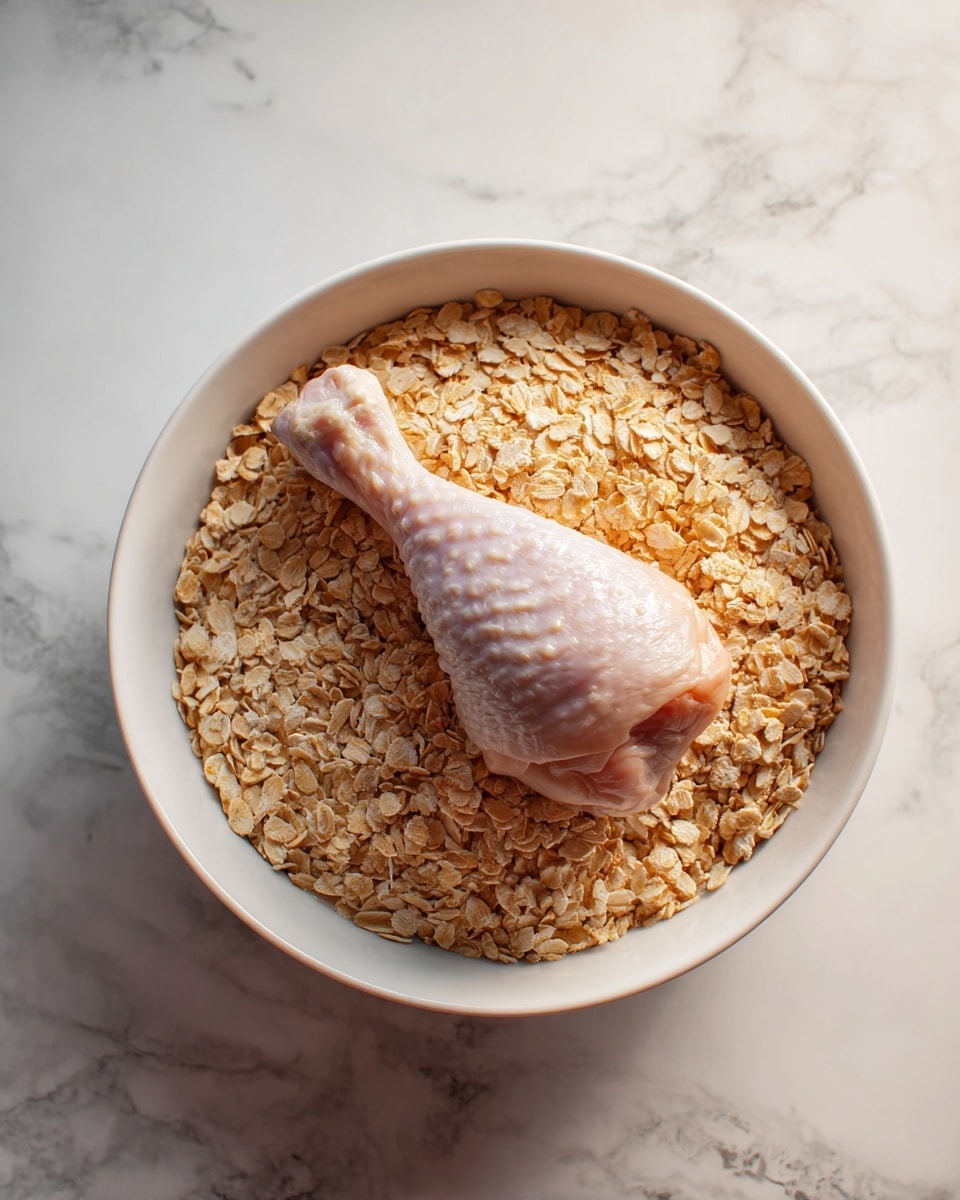 A white bowl filled with light brown crushed flakes that cover the bottom and sides of the bowl. On top of this layer, a single raw chicken drumstick is placed in the center, showing light pink skin with visible texture and slight moisture shine. The bowl is set on a white marbled surface, creating a clean, fresh look. Photo taken with an iphone --ar 4:5 --v 7