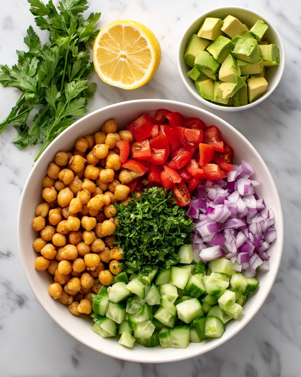 A white bowl filled with fresh salad ingredients arranged in separate sections: golden chickpeas at the top right, bright red chopped tomatoes at the left, dark green chopped parsley in the center, light green diced cucumber to the right, small pieces of purple onion at the bottom right, and bright green diced green pepper at the bottom left. Above the bowl, there is a white bowl with chunky green avocado pieces and a half lemon next to fresh parsley on a white marbled surface. Photo taken with an iphone --ar 4:5 --v 7