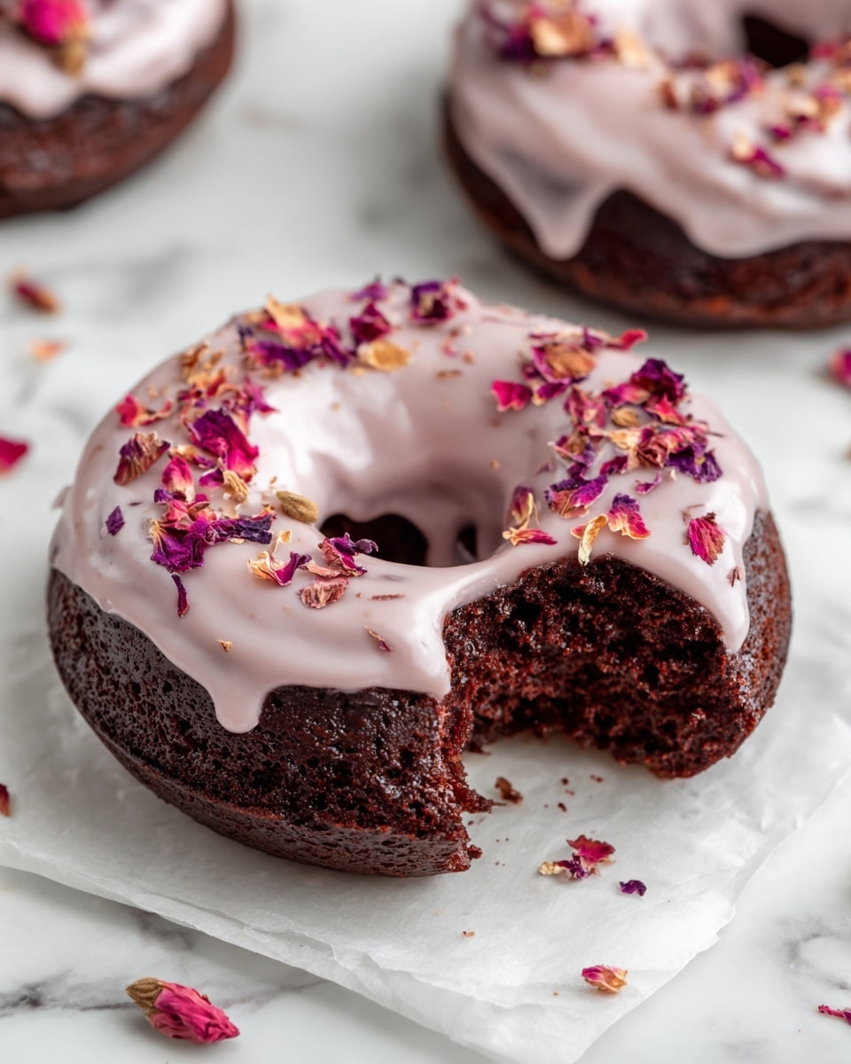 A close-up view of a dark chocolate donut with one big bite taken out of the side, showing its moist texture inside. The donut has a thick, creamy light pink icing layer on top that slightly drips over the edges. Scattered on the icing are small pieces of dried red and purple flower petals, adding a colorful, delicate touch. The donut sits directly on a piece of white parchment paper against a white marbled surface, with another donut blurred softly in the background. Photo taken with an iphone --ar 4:5 --v 7
