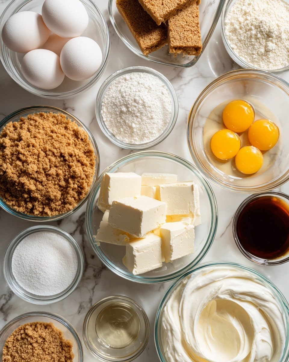 The image shows multiple clear glass bowls of different sizes arranged on a white marbled surface. The largest bowl contains large blocks of off-white cream cheese with a smooth texture. Surrounding it are medium bowls holding fine white sugar, light brown crumbly graham cracker crumbs, four cracked raw eggs with bright yellow yolks suspended in clear whites, and a whipped creamy white mixture. Smaller bowls contain fine white granulated sugar, a small amount of white powder (likely baking powder or baking soda), a small pool of light clear liquid, and a dark brown liquid, possibly vanilla extract. The bowls are neatly spaced and capture various baking ingredients in an overhead view. Photo taken with an iphone --ar 4:5 --v 7