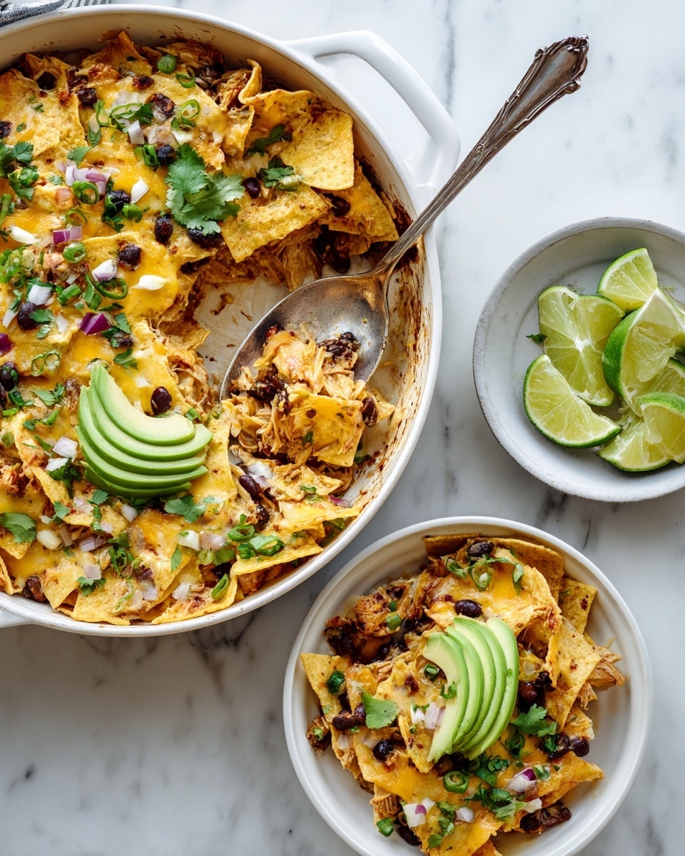 The image shows a white pan filled with a creamy layered casserole, featuring yellow crispy tortilla chips layered with melted light yellow cheese, bits of black beans, small green pepper pieces, and shredded light brown chicken. On top, there is a thin sliced green avocado fan, small purple onion pieces, and sprigs of green cilantro. A large silver spoon is scooping from the pan, lifting a mix of the crunchy chips with melted ingredients. Next to the pan, there is a white bowl with a serving of the same casserole, showing the layers clearly, and a small plate with bright green lime wedges on a white marbled surface. photo taken with an iphone --ar 4:5 --v 7