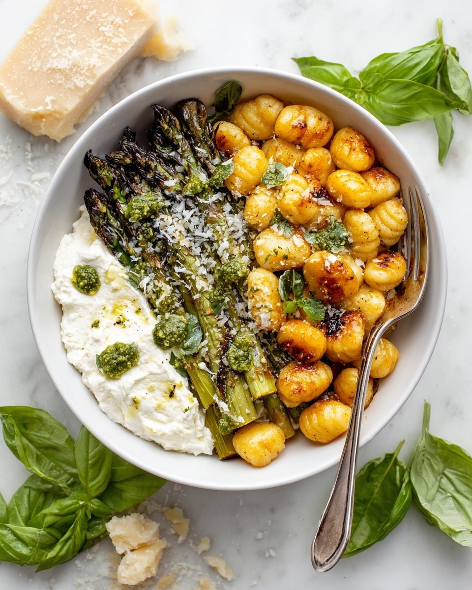 A close-up view of a white bowl filled with three main layers: the bottom layer has small round yellow gnocchi coated with some green herb and specks of black pepper. On top, scattered bright green roasted asparagus spears lie across the gnocchi. The top layer features two dollops of soft white creamy cheese with drops of yellow oil and green herb sauce drizzled over. The bowl rests on a white marbled surface, and a fork is placed on the right edge of the bowl. photo taken with an iphone --ar 4:5 --v 7