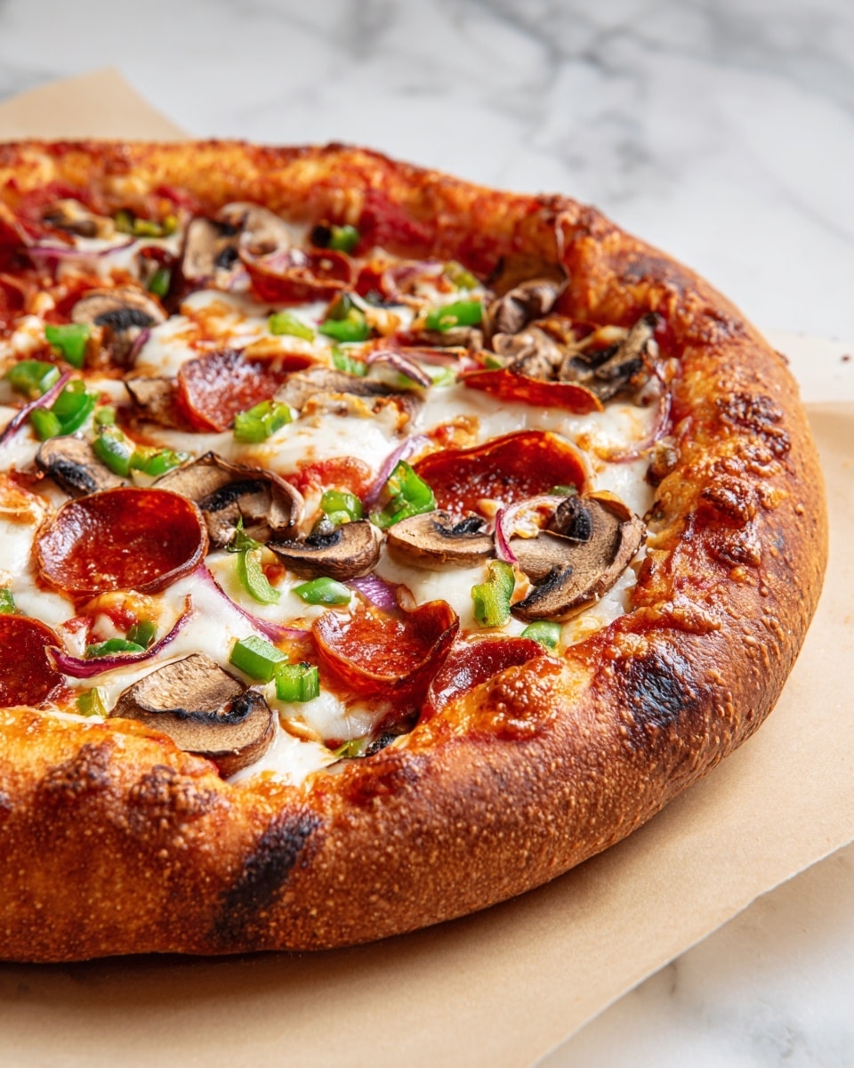 The image shows a round pizza with a golden brown, bubbly crust that is slightly crisp and textured. The pizza has a base layer of melted cheese with patches of red tomato sauce peeking through. On top, there are thin slices of red pepperoni arranged in a scattered pattern, along with small pieces of green bell pepper and thin, light brown mushroom slices spread evenly. The pizza is placed on light brown parchment paper which lies on a white marbled surface. photo taken with an iphone --ar 4:5 --v 7
