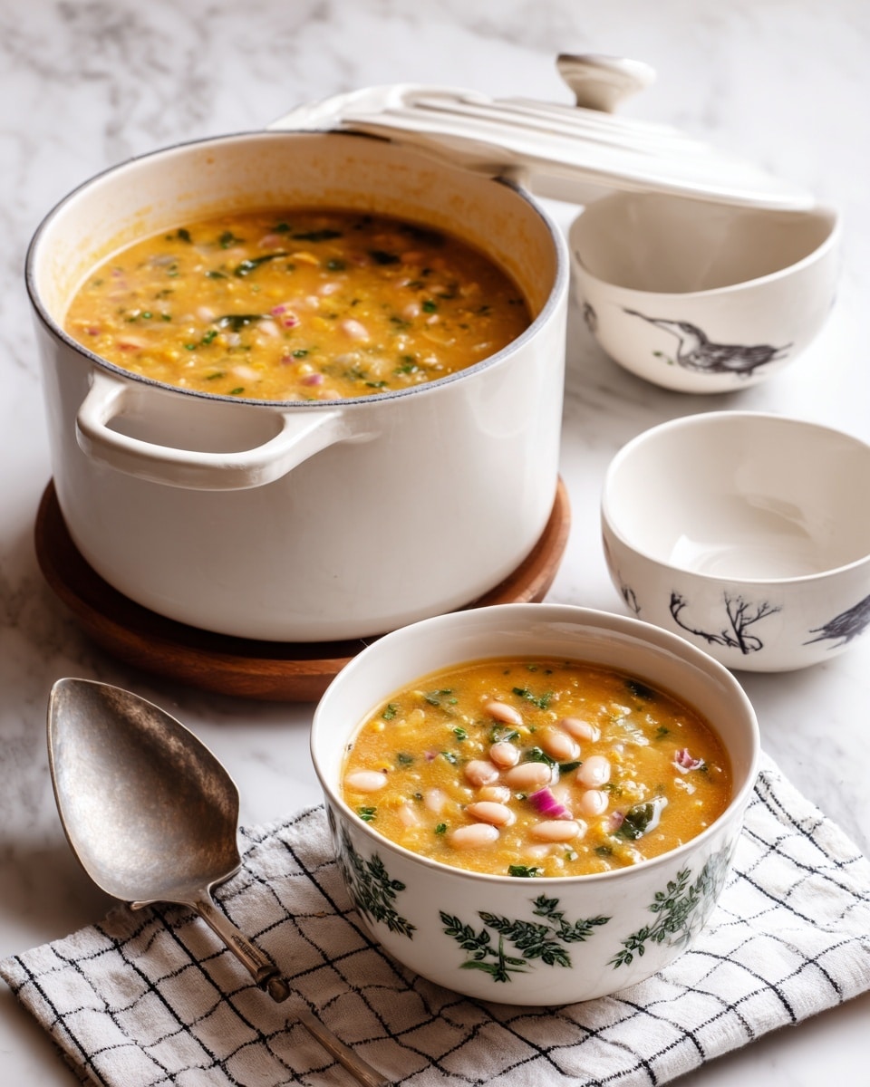 A white bowl with a green leaf pattern around the rim holds a thick stew with cream-colored beans, small pieces of pink meat, and bits of green herbs. The stew looks soft and slightly chunky, with some black pepper sprinkled on top. Behind the bowl is a large white pot filled with more of the same stew, showing a creamy orange broth with visible herbs floating in it. The bowl and pot sit on a white marbled surface with a striped white and gray towel underneath. A ladle with some stew in it rests on a wooden board to the side. photo taken with an iphone --ar 4:5 --v 7
