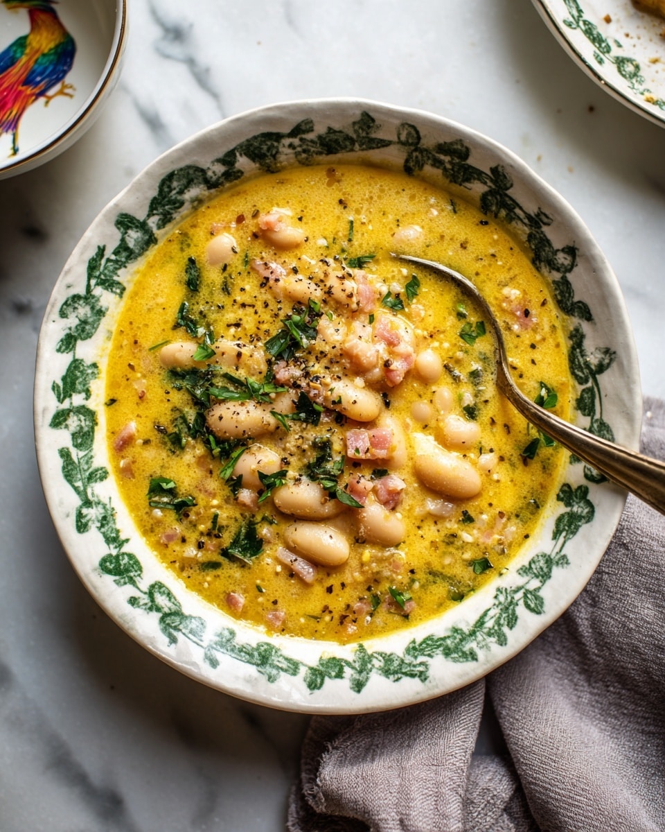 A white bowl with a green leaf pattern on the rim holds a thick yellow soup with round white beans and small chunks of pink meat mixed throughout. The soup is topped with a sprinkle of dark green herbs and black pepper. The bowl sits on a white marbled surface next to a gray cloth and two other white bowls, one of which has a colorful bird design inside. photo taken with an iphone --ar 4:5 --v 7