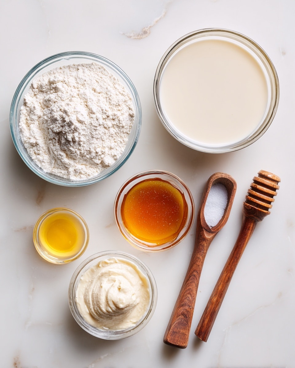 A clear glass bowl at the top center contains pale warm milk with smooth texture, surrounded below by five ingredients on a white marbled surface: to the left, a clear glass bowl filled with all-purpose flour, white and powdery with a small scoop taken out; below it, a small clear glass bowl holds golden raw honey with a shiny, thick texture; to the right of the honey, two wooden-handled measuring spoons lay flat, one larger spoon with thick, creamy fed sourdough starter and one smaller spoon holding fine white salt; between the flour and the spoons, a small clear glass container holds melted butter, yellow and glossy. photo taken with an iphone --ar 4:5 --v 7