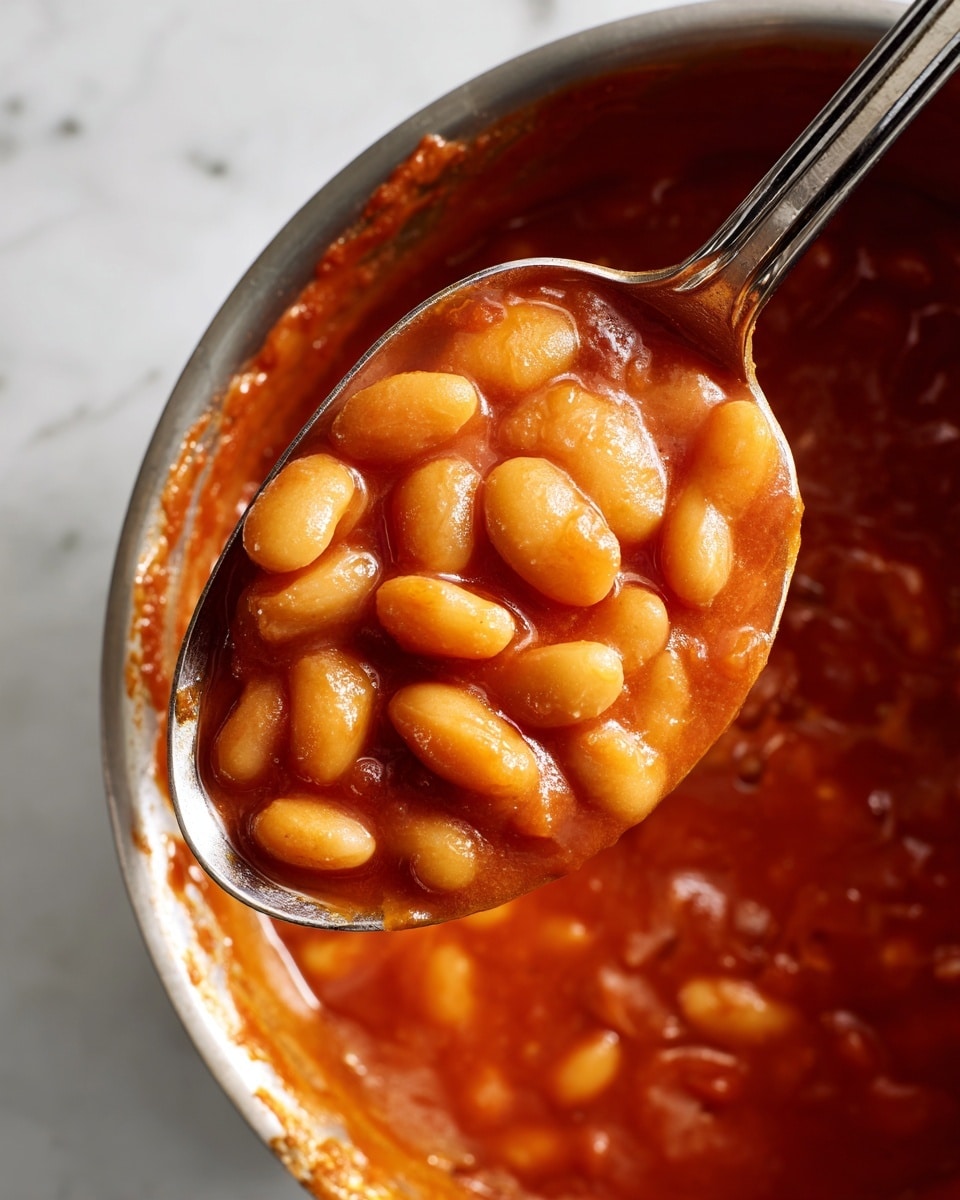 This image shows two thick slices of dark brown, grainy bread stacked on a white plate, with the top slice mostly covered in baked beans in thick orange-brown sauce that spills down the sides and onto the plate. The beans are plump and glossy, creating a smooth, shiny texture over the rough surface of the bread. The background is a white marbled surface, adding a clean and bright contrast to the warm tones of the food. photo taken with an iphone --ar 4:5 --v 7