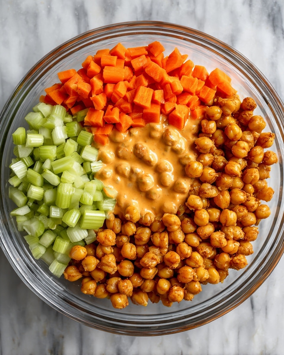 A clear glass bowl filled with three main layers arranged side by side: golden brown chickpeas on the right side, bright orange diced carrots on the top left, and light green diced celery on the bottom left; in the middle of the bowl sits a creamy orange sauce covering parts of the chickpeas and celery. The bowl sits on a white marbled surface. photo taken with an iphone --ar 4:5 --v 7