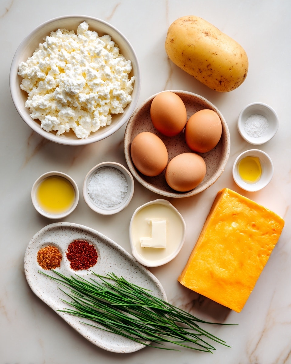 A top view of various cooking ingredients arranged on a white marbled surface: a white bowl filled with cottage cheese at top left; a large yellow potato near the top center; a rustic beige bowl in the center holding five brown eggs arranged close together; three small white bowls moving right, two with yellow oil and white salt; another small white bowl below with a pale yellow liquid; a small white dish at left below the cottage cheese filled with red and light brown powdered spices; a speckled white oval plate with fresh green chives on the bottom left; and a large rectangular block of bright orange cheese at the bottom right. photo taken with an iphone --ar 4:5 --v 7