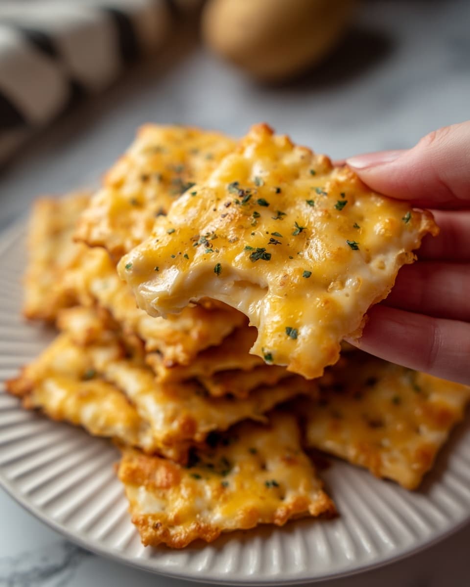A close-up image shows a woman's hand holding a small square cracker with a bite taken out of it, covered in melted golden-yellow cheese with small green herb bits sprinkled on top. In the background, there is a white plate with vertical line ridges, filled with several more cheese-covered crackers stacked loosely. The surface beneath is a white marbled texture, and a brown egg and a potato are partly visible near the plate. The lighting highlights the smooth and slightly bubbly texture of the melted cheese on all the crackers. photo taken with an iphone --ar 4:5 --v 7