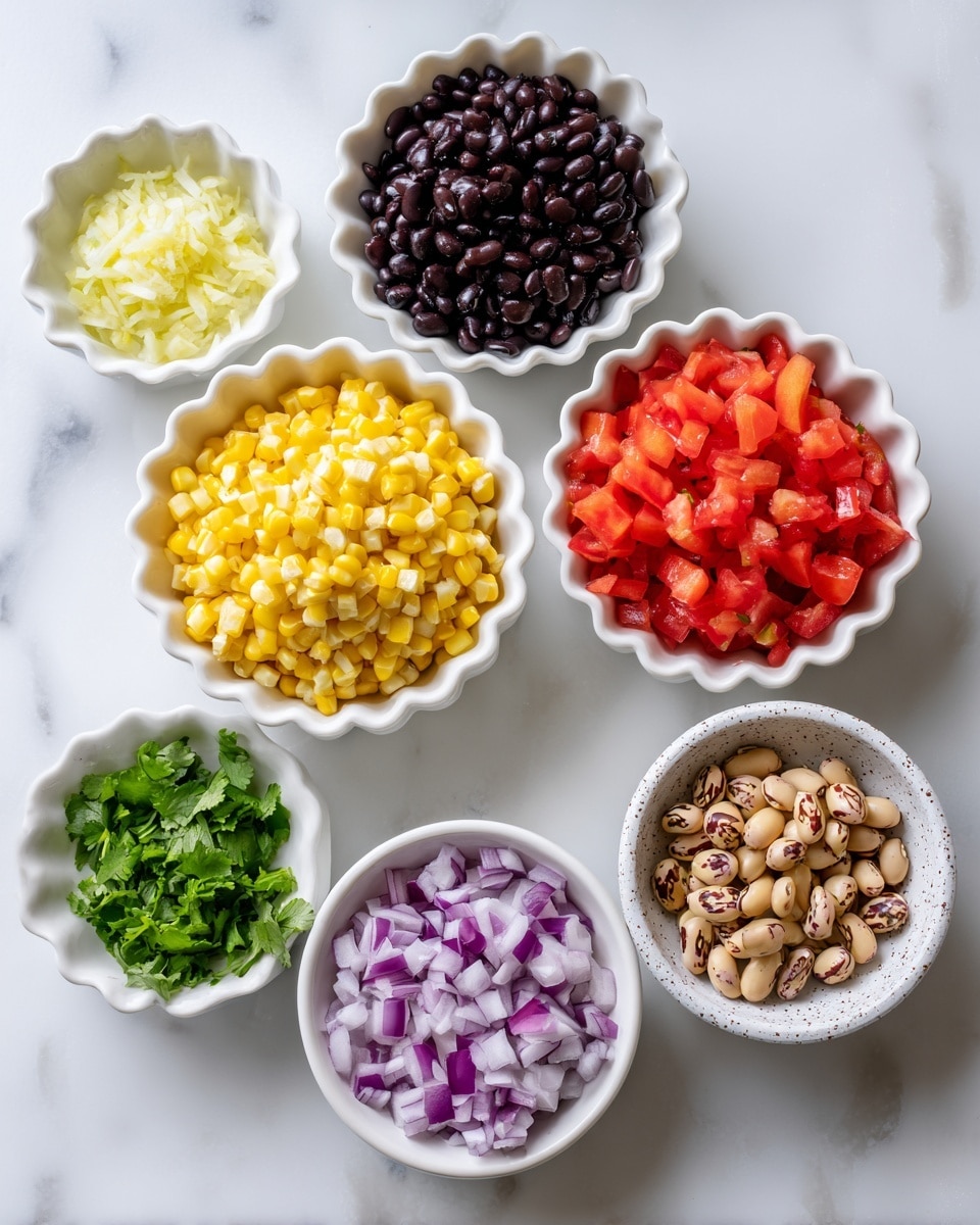 Seven small white bowls on a white marbled surface hold different chopped ingredients arranged neatly. Starting from the top left, a small bowl contains finely minced light yellow garlic. Next to it on the right, a scalloped white bowl holds glossy black beans. Below the garlic, a scalloped white bowl is filled with yellow corn kernels. Centered below the black beans, another white bowl with speckled edge contains light brown beans with dark spots. To the right of the black beans, a white bowl is filled with bright red diced tomatoes. Below the tomatoes, a round white bowl contains finely chopped purple and white onions. Finally, at the bottom left, a small white bowl contains bright green chopped cilantro. All bowls are close together, showcasing a colorful variety of fresh vegetables and beans photo taken with an iphone --ar 4:5 --v 7
