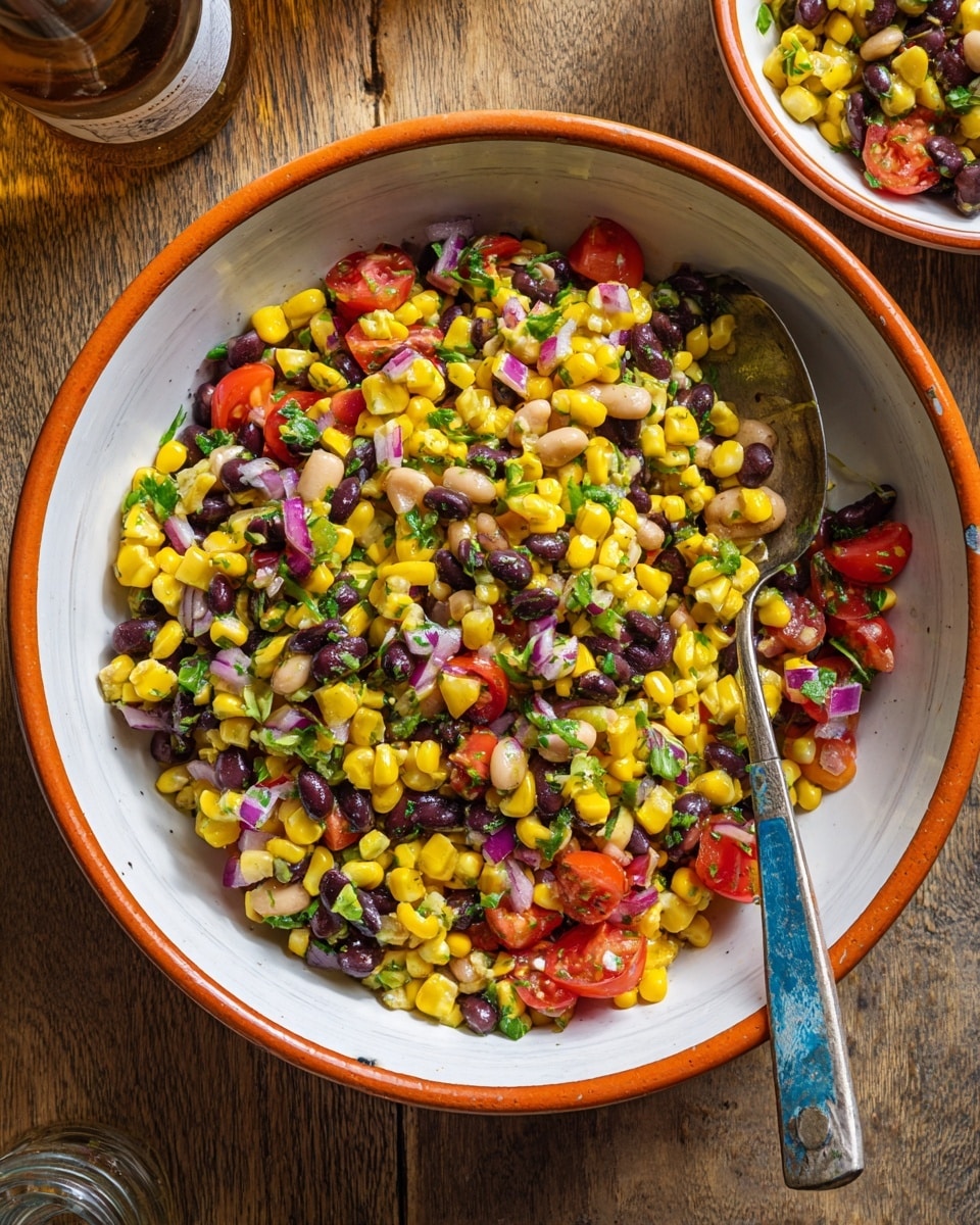 A white bowl with an orange rim is filled with six sections of chopped ingredients neatly placed side by side: bright yellow corn, finely chopped red onion, dark black beans, vibrant green chopped herbs, red diced tomatoes, and light brown beans. In the center, there is a small pile of minced garlic. A woman's hand is pouring a light brown dressing over the bowl. The bowl sits on a white marbled surface. photo taken with an iphone --ar 4:5 --v 7