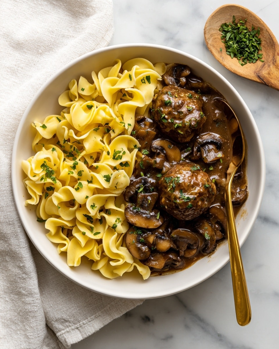 A white bowl filled with two main sections: on the left, a large dark brown meat patty topped with slices of cooked mushrooms and chopped green herbs, all covered in a light brown sauce; on the right, a pile of pale yellow egg noodles with a slightly shiny texture, scattered with small bits of green herbs. A gold fork rests partially in the meat and noodles. The bowl sits on a white marbled surface with a wooden spoon and white cloth partially visible nearby. Photo taken with an iphone --ar 4:5 --v 7