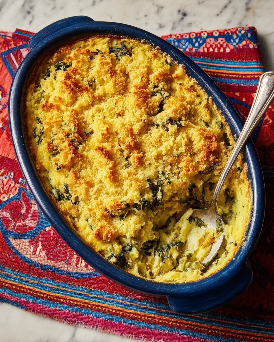 A blue oval baking dish filled with a casserole that has a golden brown crust on top, made of crispy toasted crumbs. Below the crust, there are soft, creamy layers of sliced vegetables that look like celery or fennel mixed with a light sauce. The casserole is set on a white cloth with thin gray stripes, placed on a white marbled surface. The overall look is warm and inviting, showing a baked dish with a crunchy top and tender inside. photo taken with an iphone --ar 4:5 --v 7
