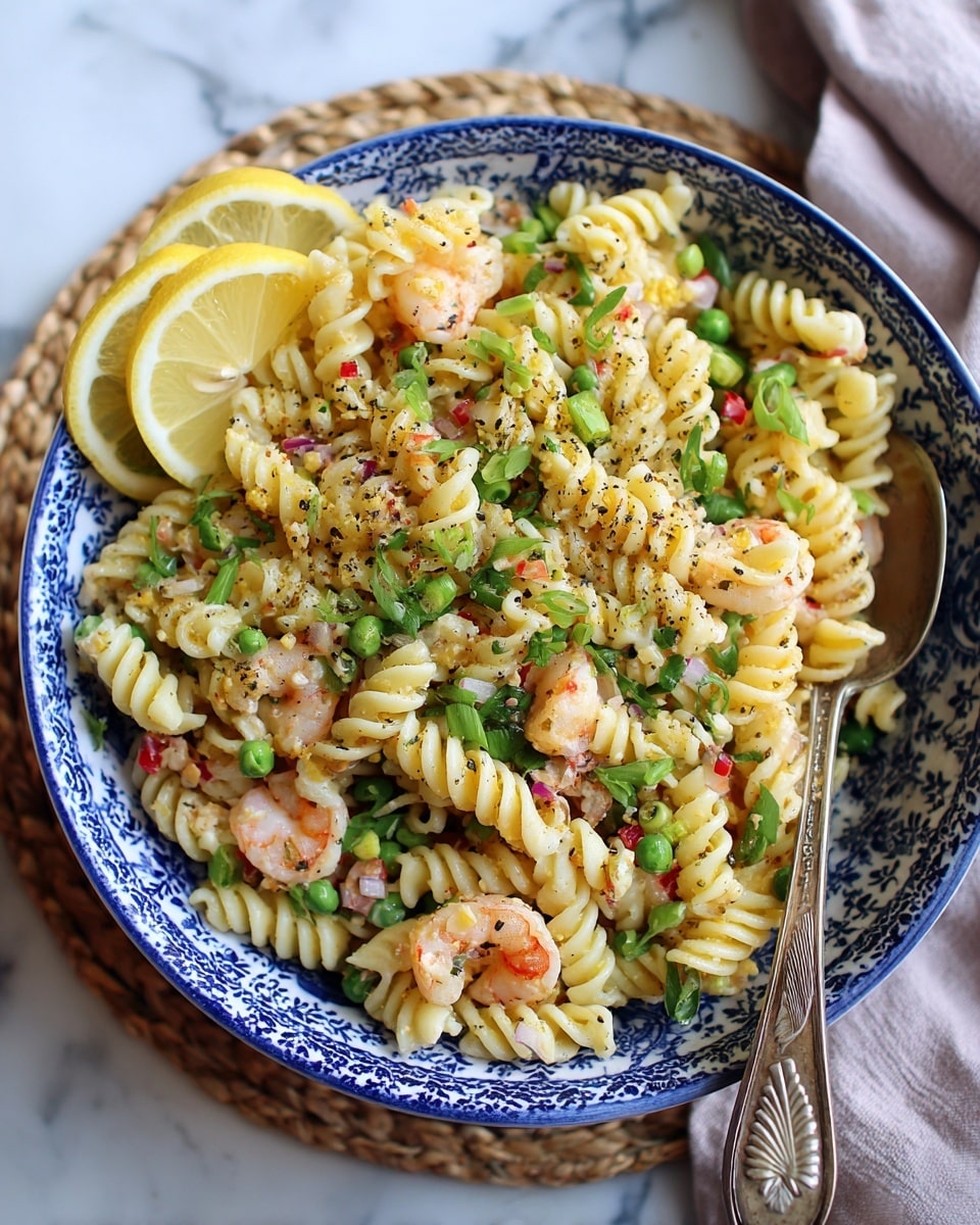 A close-up view of a pasta salad in a deep white bowl with blue patterns, placed on a round straw mat on a white marbled surface. The salad has three main layers: a base of pale yellow spiral pasta, mixed with small light pink shrimp pieces, bright green peas, and small red and white diced vegetables spread evenly throughout. On top, there are finely chopped green onions and freshly ground black pepper lightly sprinkled. Three thin lemon slices with bright yellow rind and pale yellow inside rest on one side of the salad. An antique silver serving spoon with a seashell design peeks out from the side of the bowl. Photo taken with an iphone --ar 4:5 --v 7